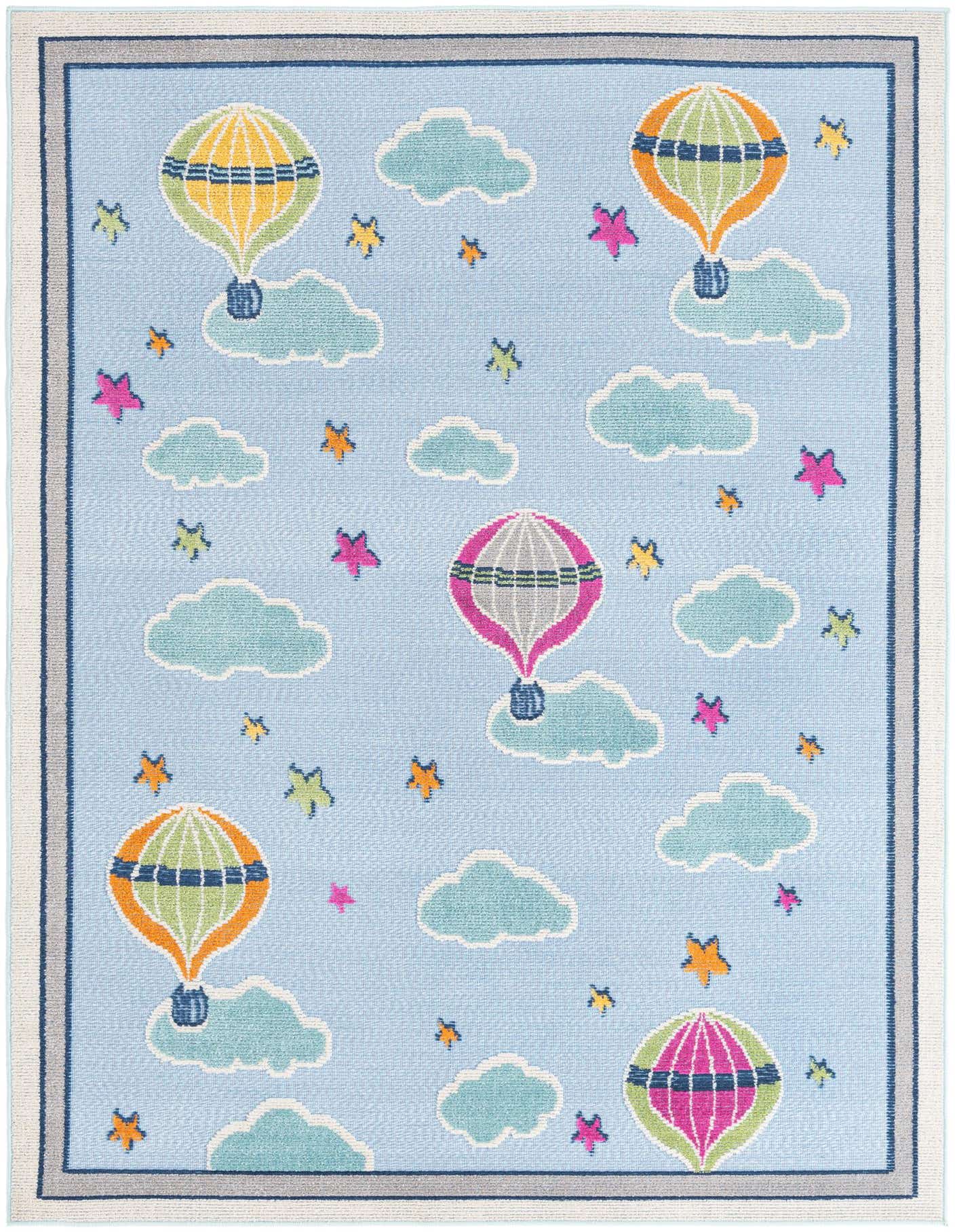 A 5x8 rectangular blue rug with a playful pattern of colorful hot air balloons, clouds, and stars, suitable for a child's room or patio.