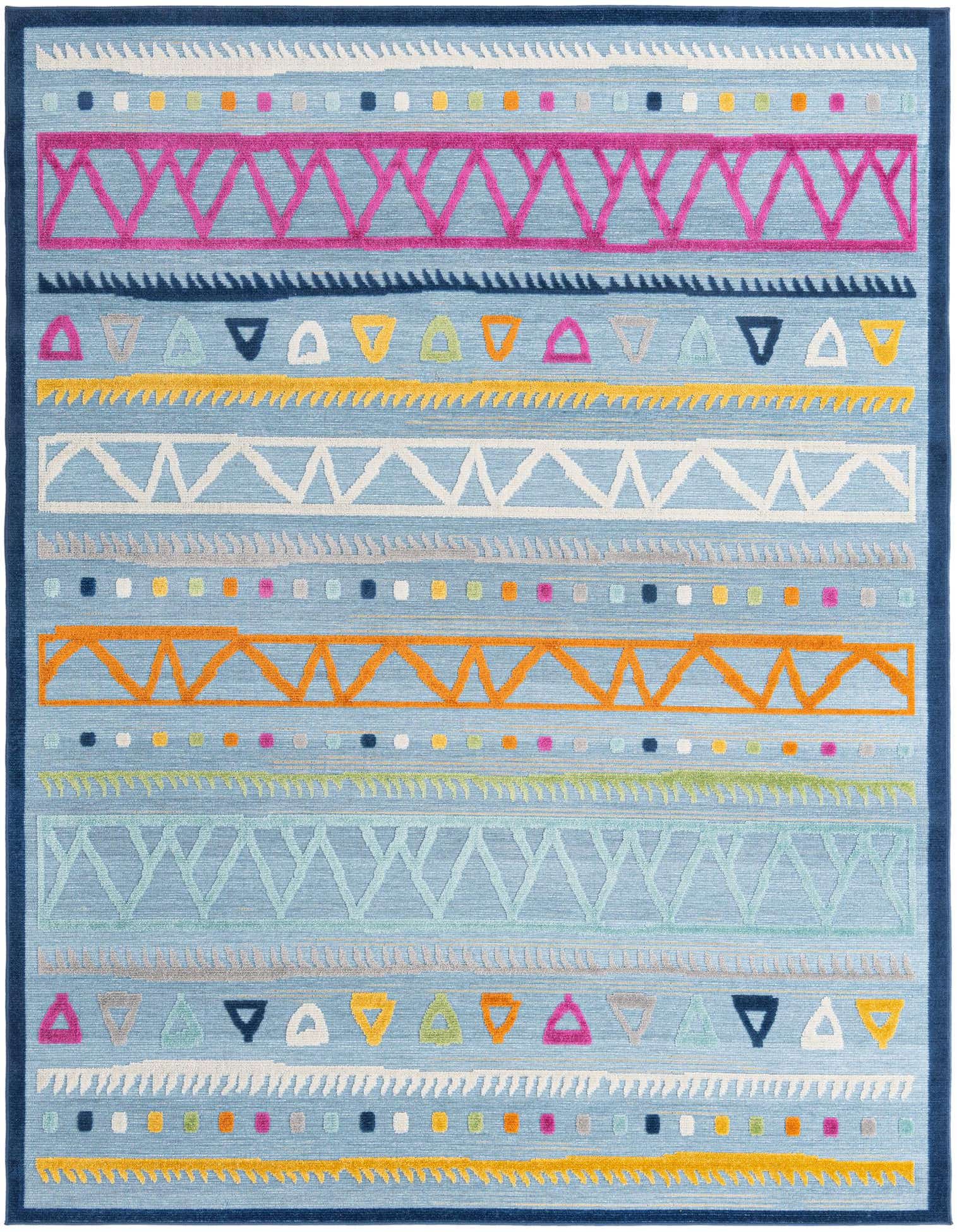 7x10 rectangular blue modern flatweave rug with colorful geometric patterns, suitable for indoor/outdoor use.