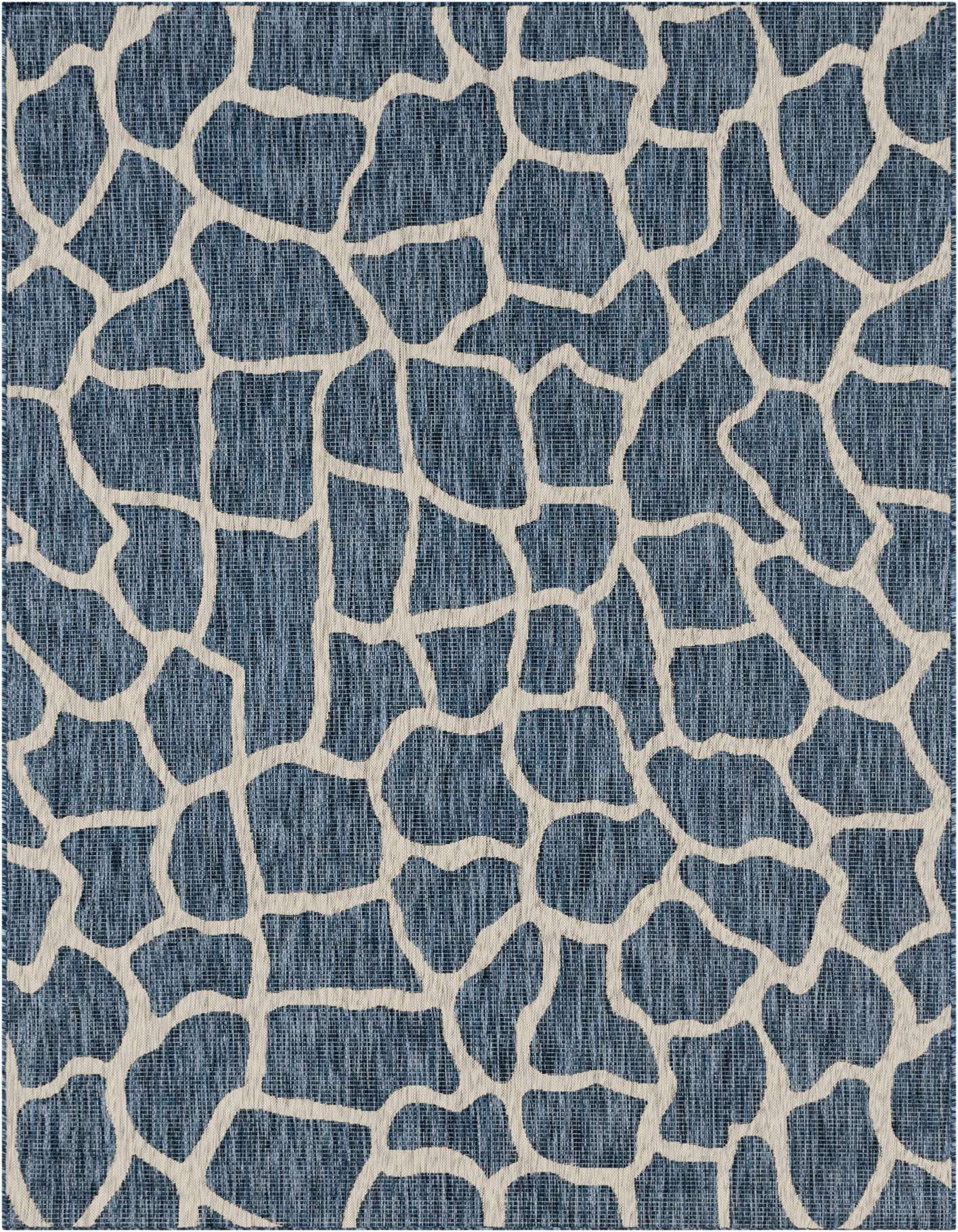 A 7x10 rectangular indoor/outdoor rug featuring a modern abstract giraffe print in varying shades of blue with off-white outlines.