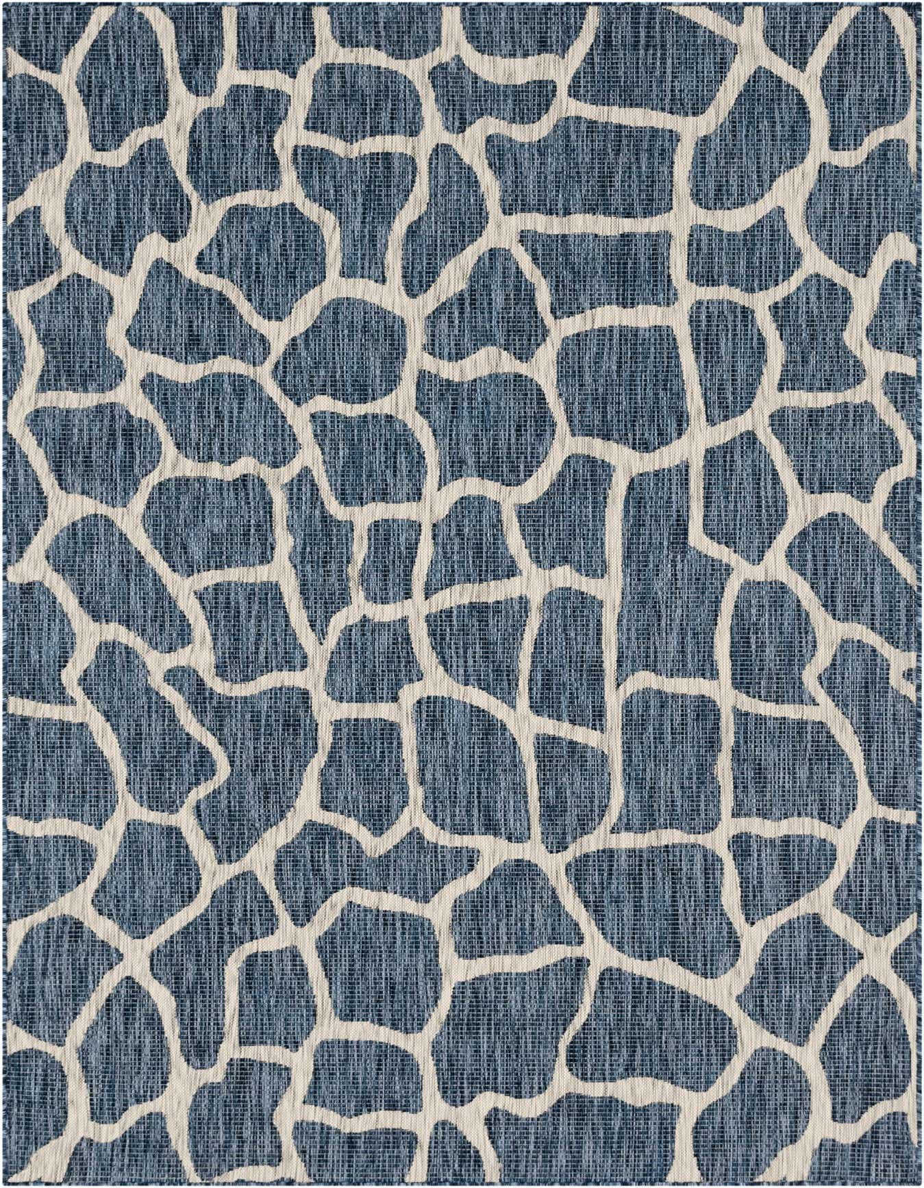 A 6x9 rectangular blue and cream flatweave rug with an abstract, organic giraffe-like pattern, suitable for indoor or outdoor use.