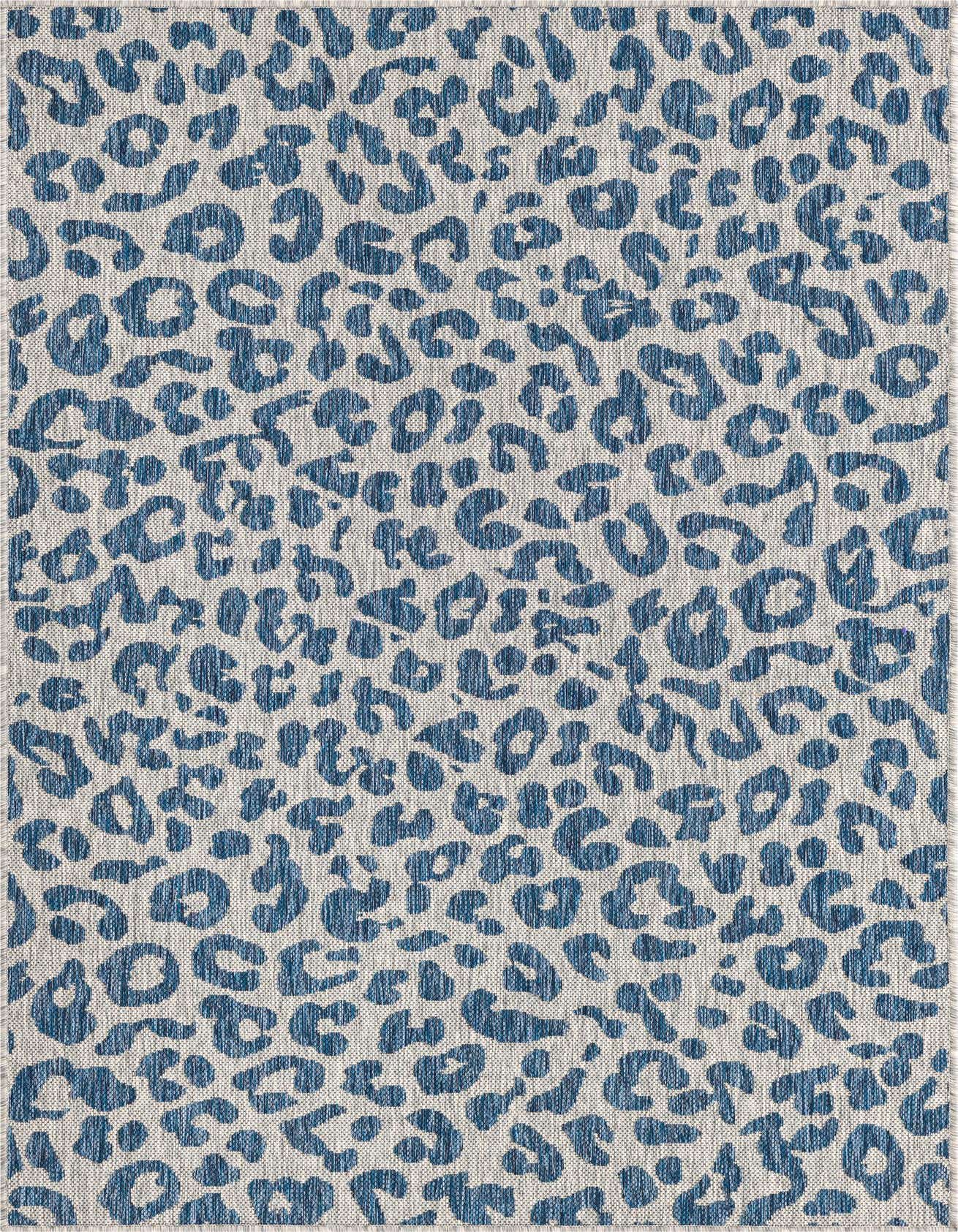 A 2x3 rectangular blue and white modern leopard print rug, perfect for an entryway or patio.