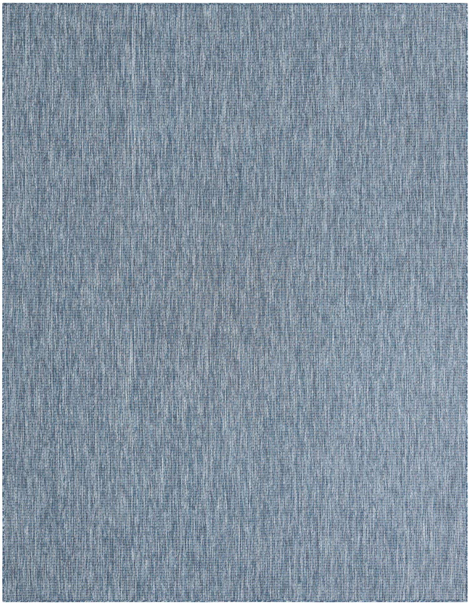 A 9x12 rectangular blue flatweave rug with a subtle textured, solid pattern, suitable for indoor or outdoor use.