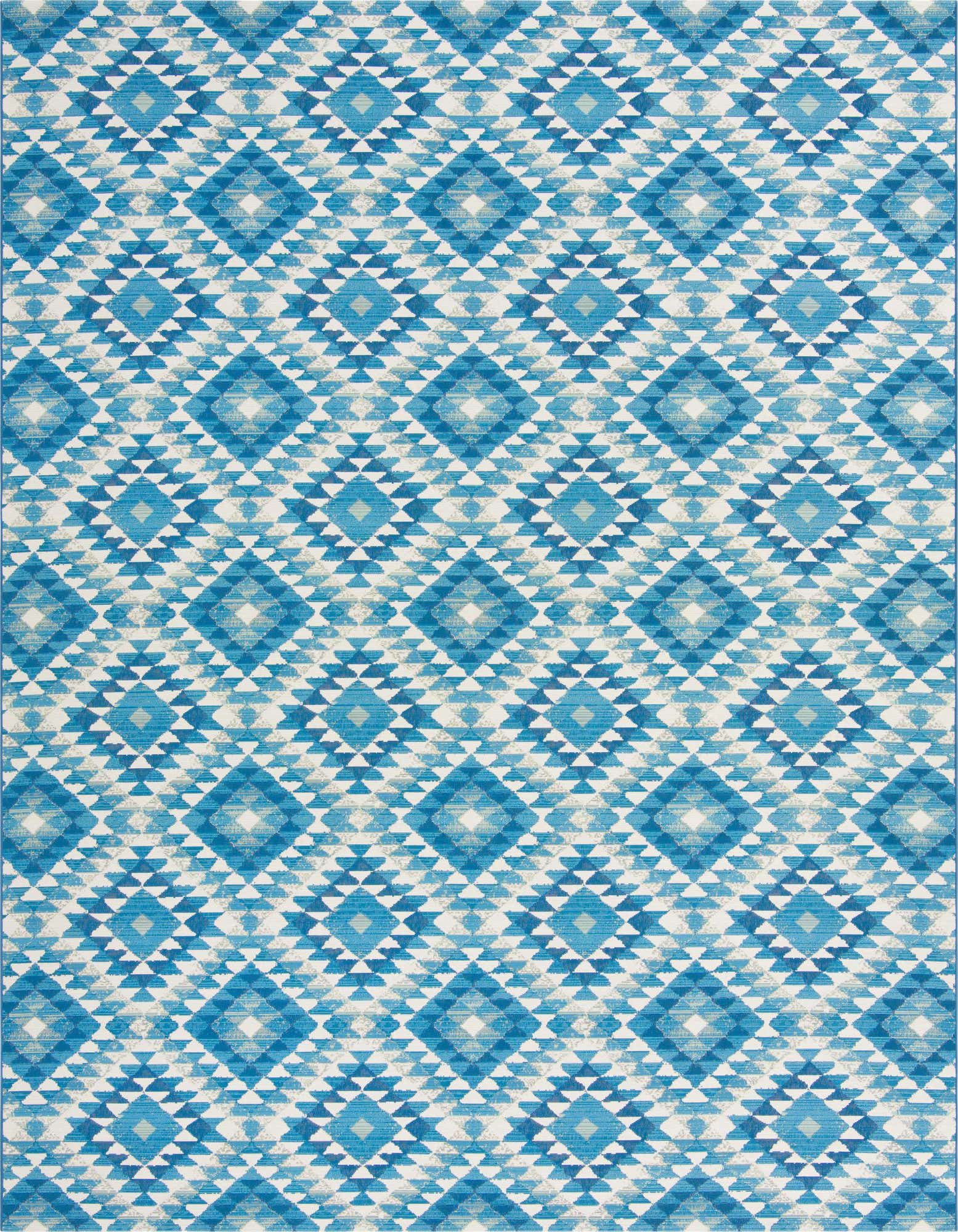 A 10x12 rectangular indoor/outdoor rug featuring a vibrant blue and white Southwestern tribal pattern.