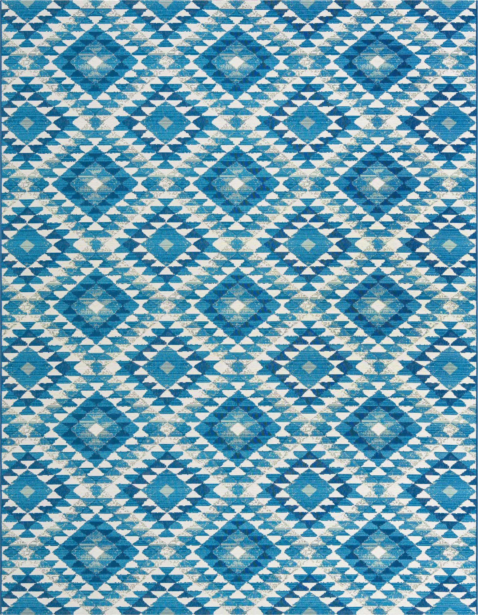 An 8x10 rectangular rug featuring a vibrant Southwestern tribal pattern in shades of blue and white, suitable for indoor or outdoor use.