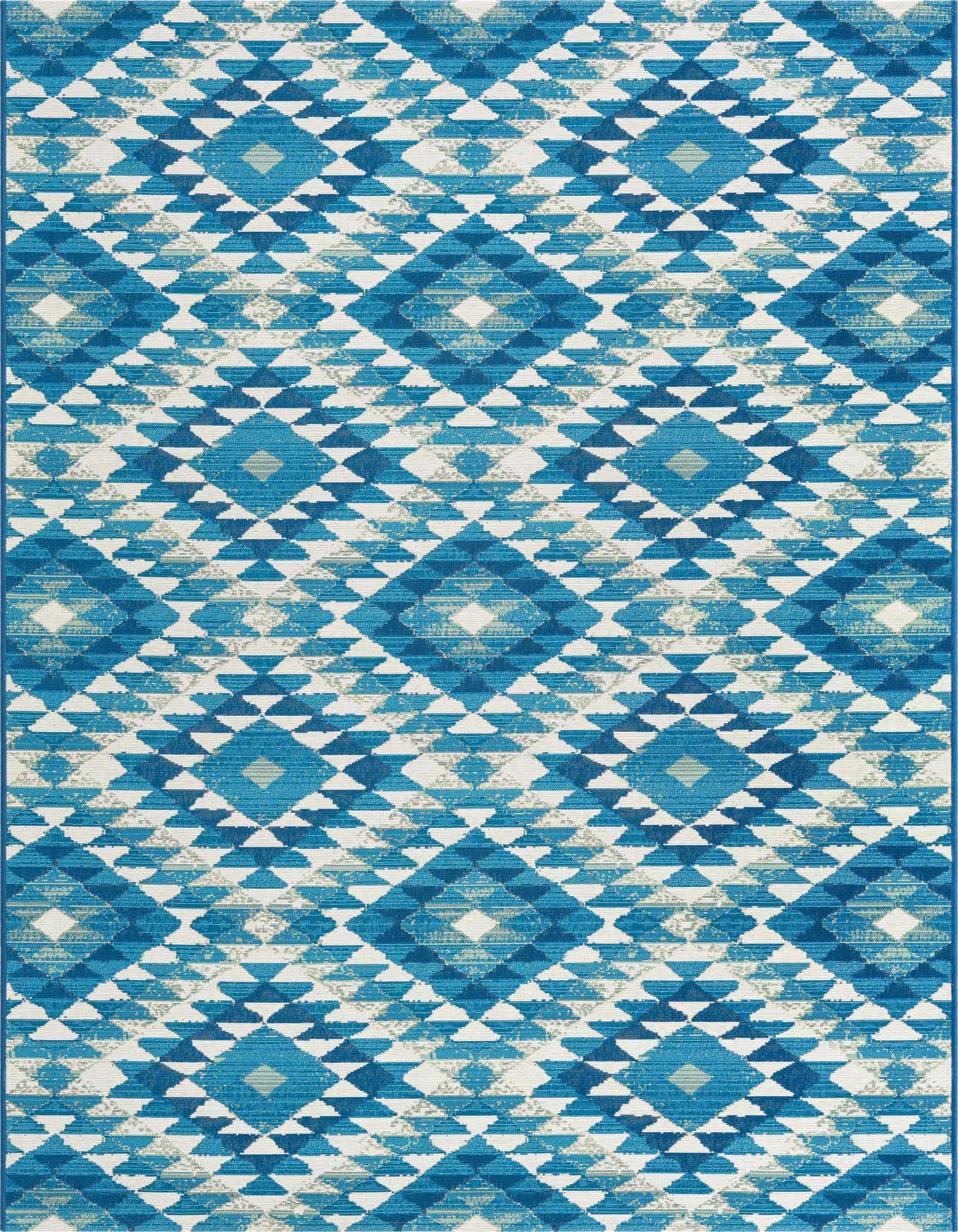 A 5x8 rectangular blue Southwestern rug with an eclectic tribal diamond pattern, ideal for indoor or outdoor spaces.
