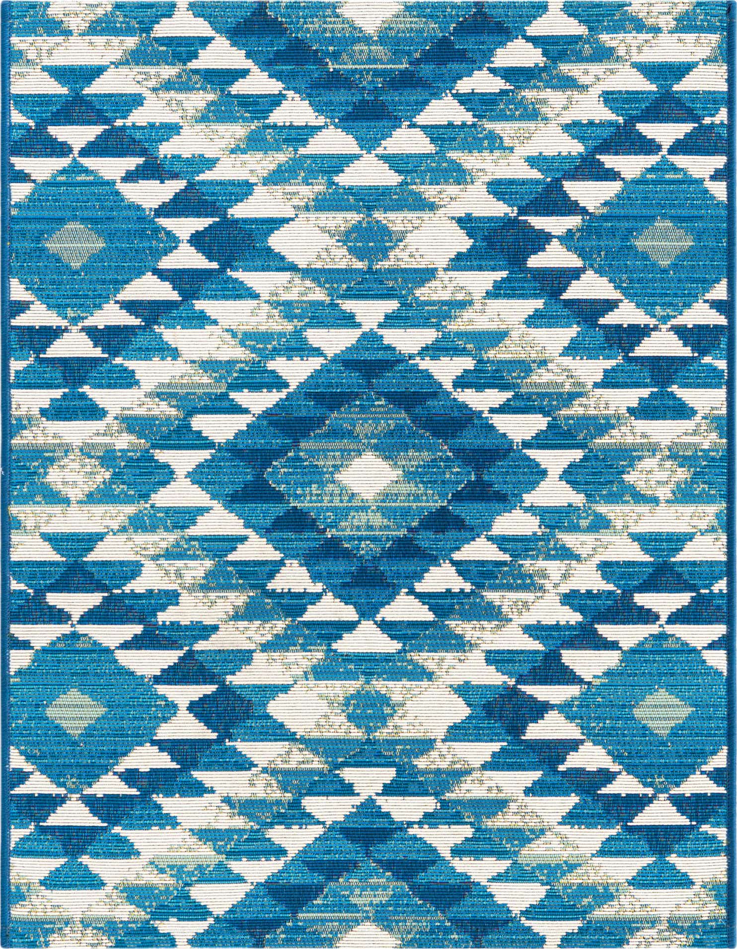 A 2x3 rectangular indoor/outdoor rug featuring a vibrant blue and white eclectic geometric pattern with Southwestern and tribal influences.