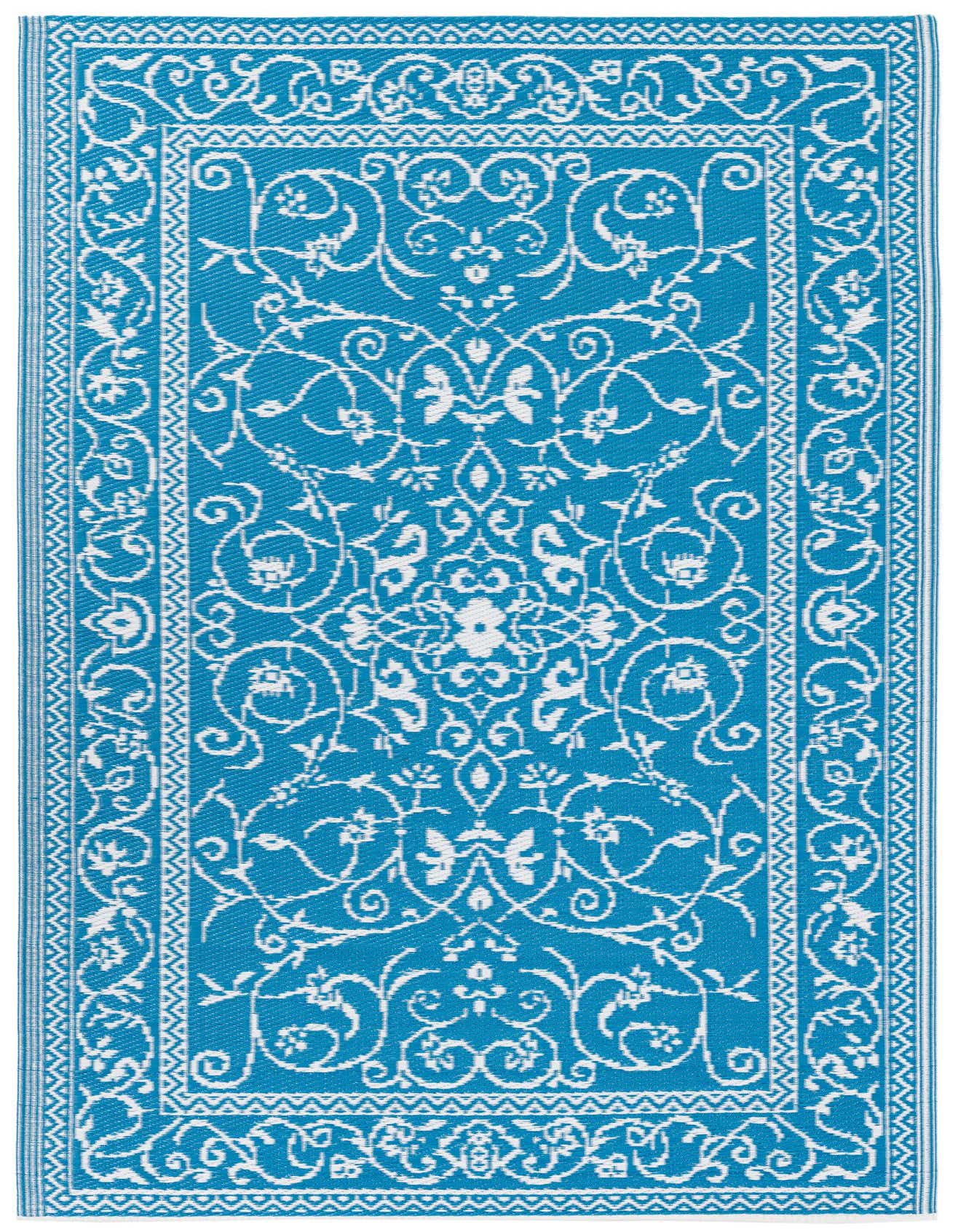 A 4x6 rectangular blue and white indoor/outdoor rug with a traditional medallion and floral pattern.