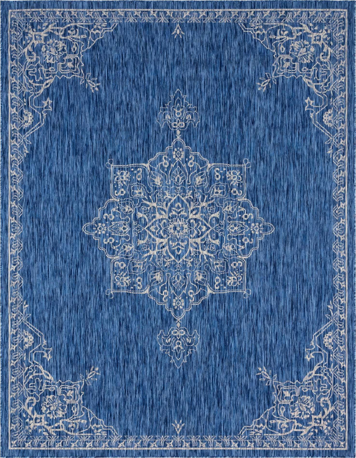 A 7x10 rectangular blue indoor/outdoor rug with a light beige traditional medallion pattern and border.