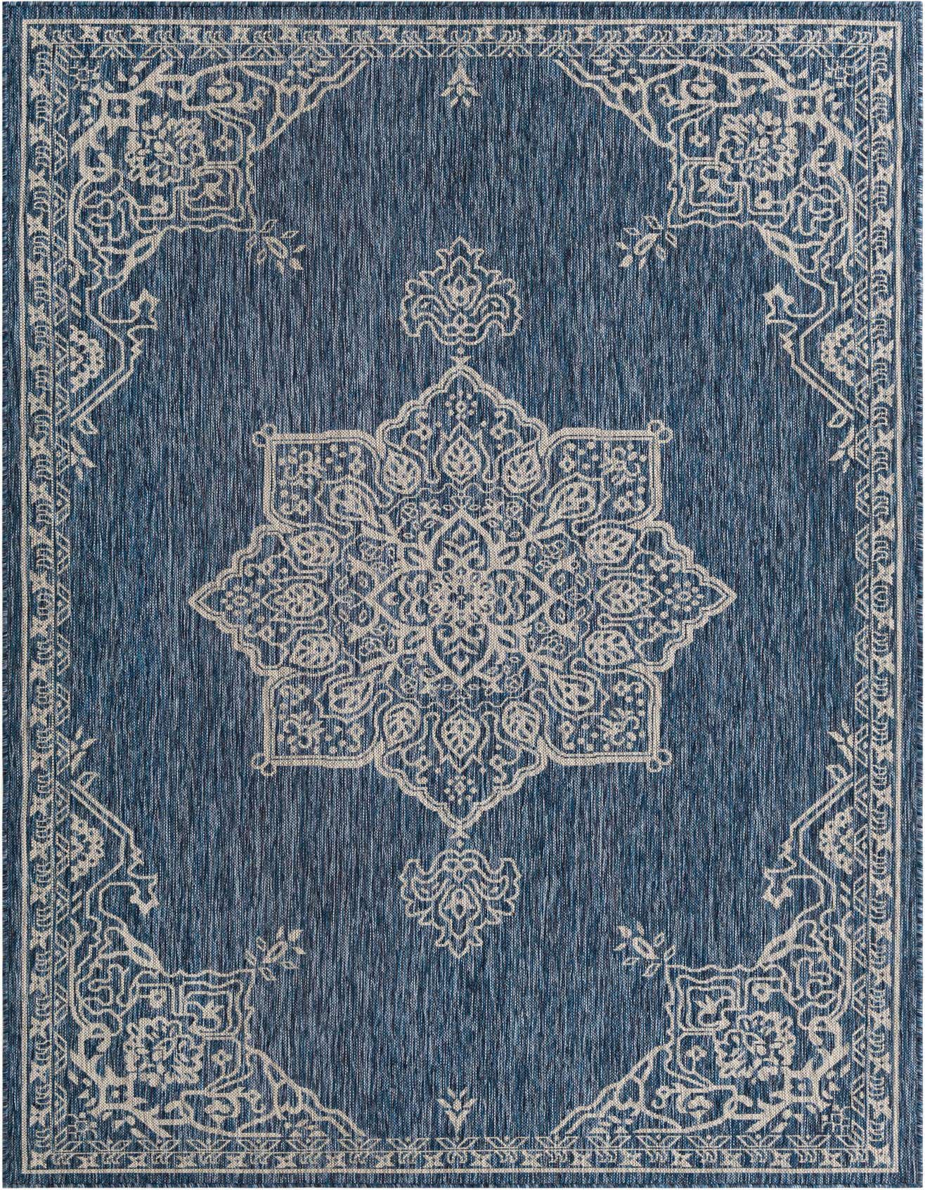 A 6x9 rectangular blue indoor/outdoor rug with a light beige traditional medallion pattern and border.