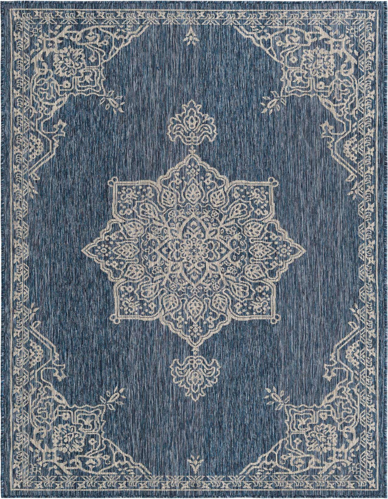 A 5x8 rectangular indoor/outdoor rug featuring a blue background with a large cream traditional medallion pattern.