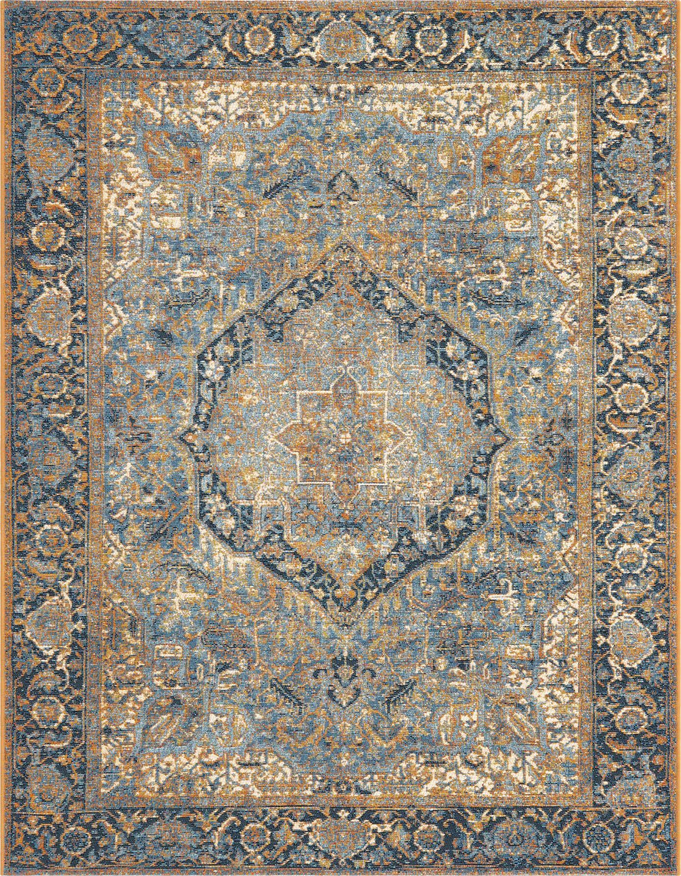 A 4x6 rectangular blue and gold traditional medallion rug with a distressed vintage look, suitable for indoor or outdoor use.