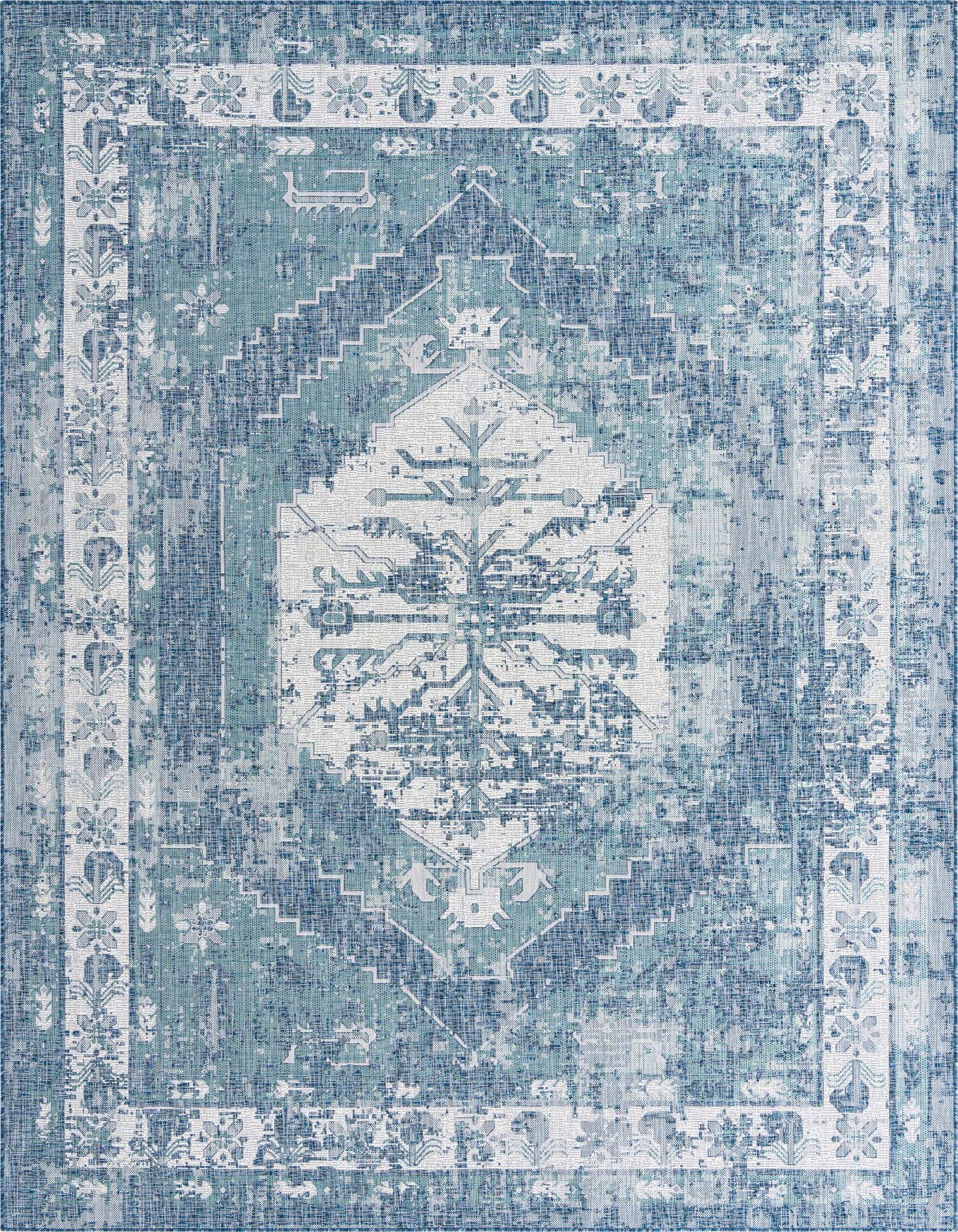A 9x12 rectangular blue Southwestern rug with a distressed white medallion pattern and border, suitable for indoor or outdoor use.