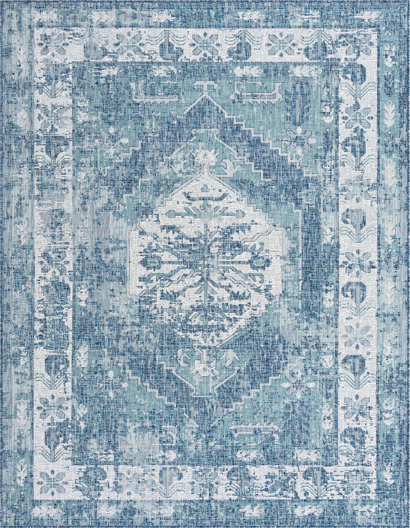 A 6x9 rectangular blue and white Southwestern-style flatweave rug with a distressed traditional pattern, suitable for indoor or outdoor use.