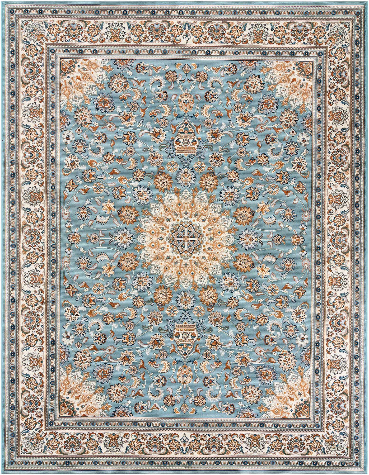 An 8x10 rectangular blue rug with an intricate traditional oriental medallion pattern in shades of blue, cream, and orange, suitable for indoor or outdoor use.