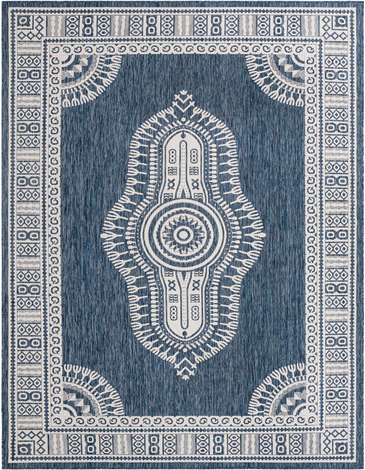 A 10x14 rectangular blue and white indoor/outdoor rug with a traditional medallion pattern.
