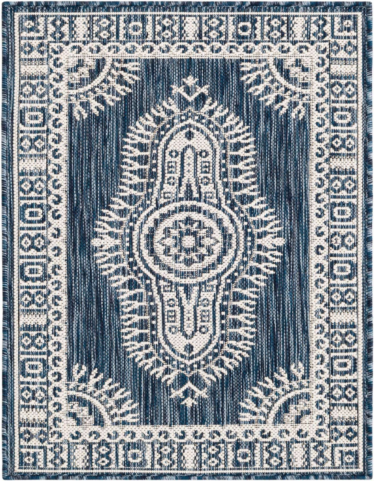 A 2x3 rectangular Rugs.com Outdoor Traditional rug featuring a blue background with a central white medallion and border patterns.