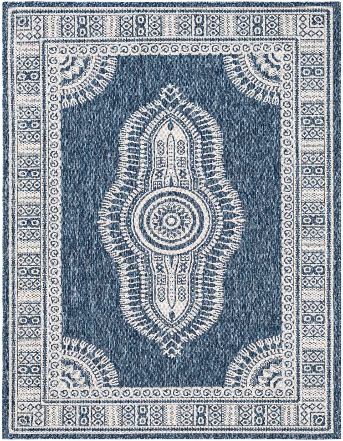 A 5x8 rectangular blue and white indoor/outdoor rug with a traditional medallion pattern, ideal for a patio or living room.