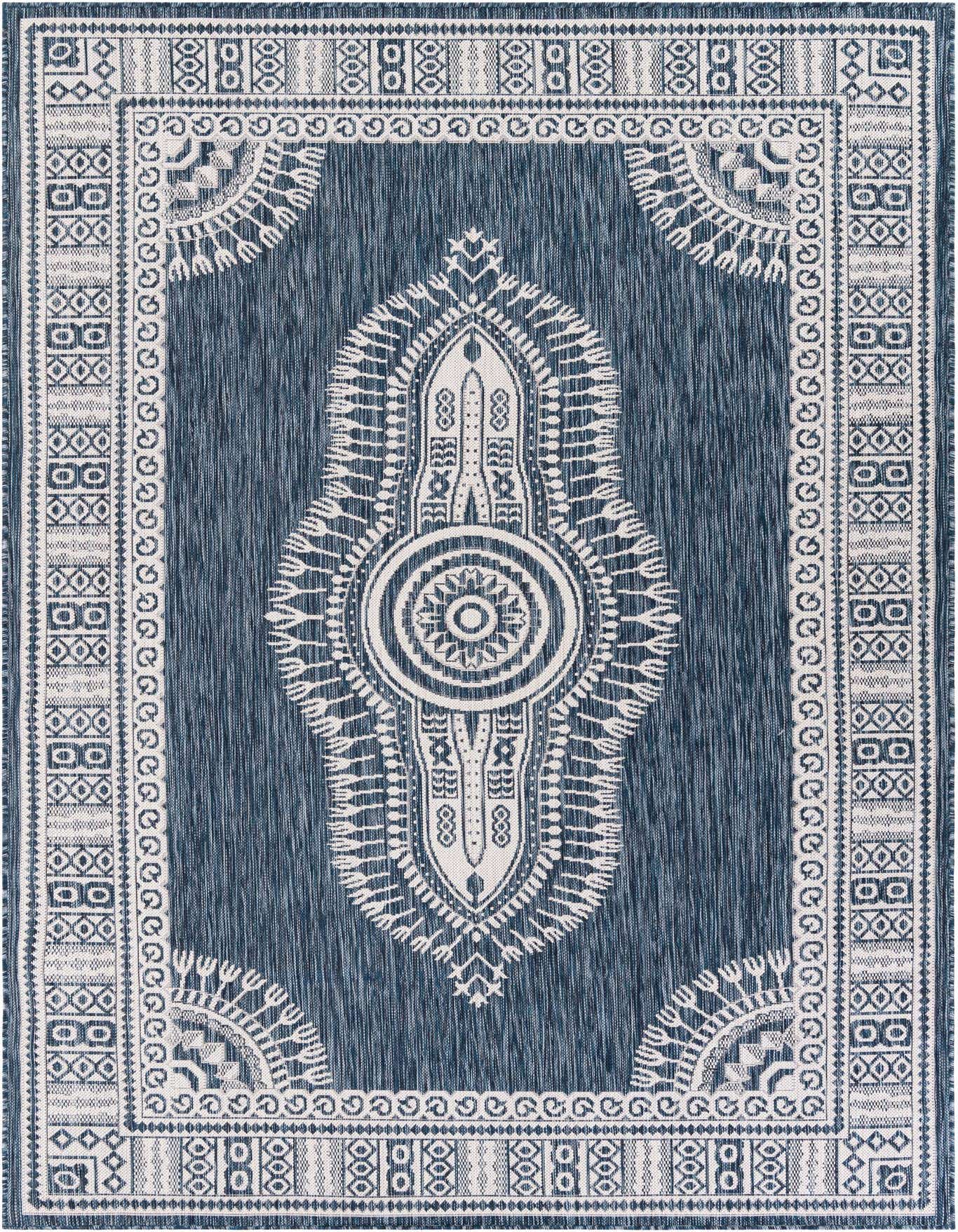 A 6x9 rectangular indoor/outdoor rug featuring a traditional medallion pattern in shades of blue and white.