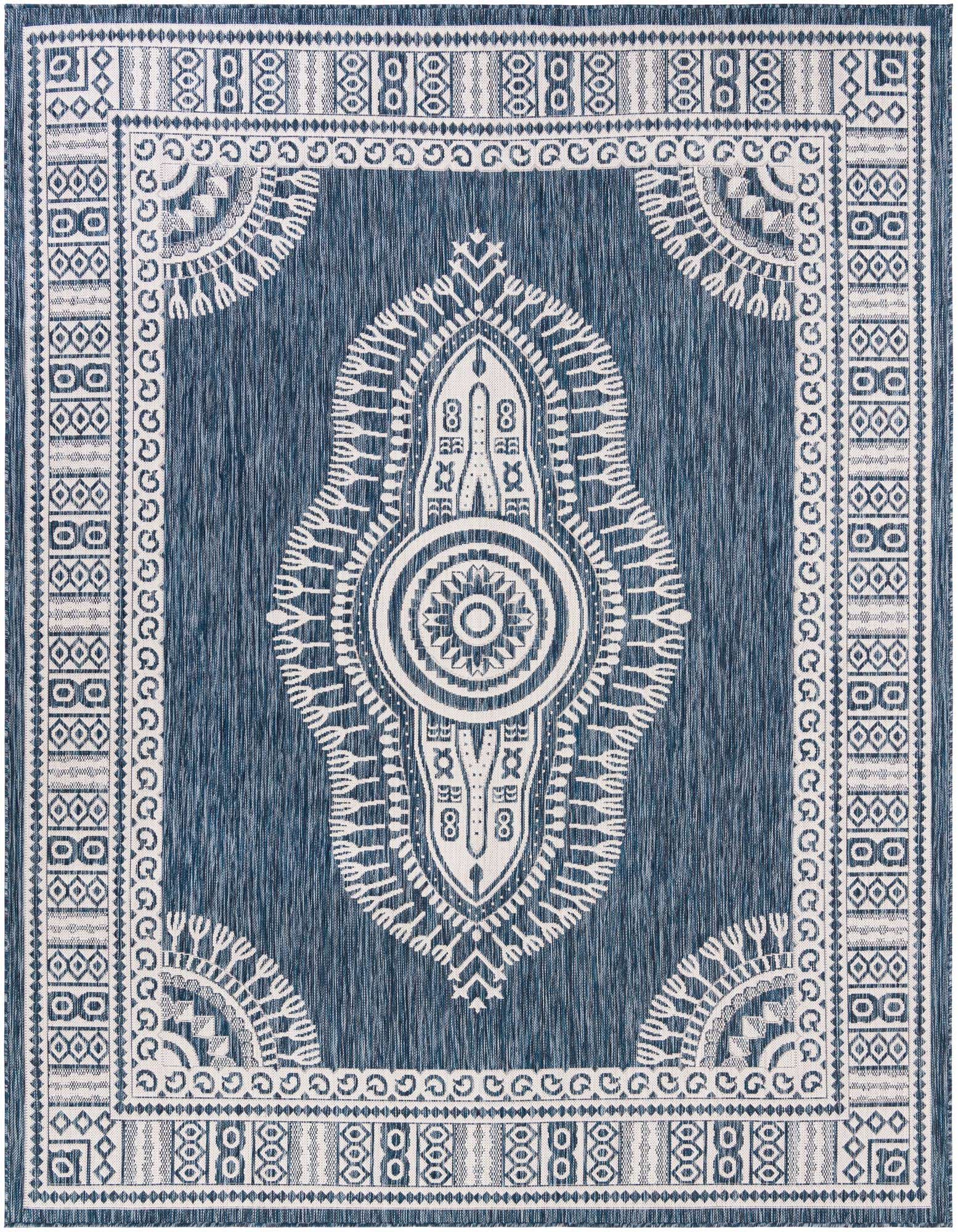 An 8x10 rectangular blue and white indoor/outdoor rug with a central medallion and traditional border.
