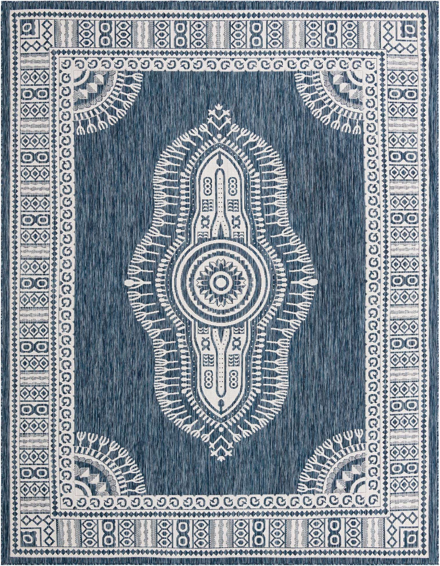 A 9x12 rectangular blue and white indoor/outdoor rug with a large central medallion and intricate border.