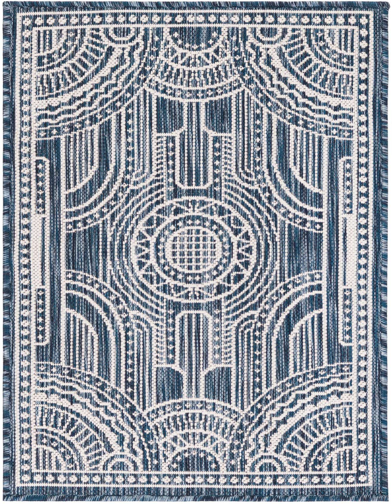 A 2x3 rectangular blue and white flatweave rug with a modern traditional medallion pattern, suitable for indoor/outdoor use.