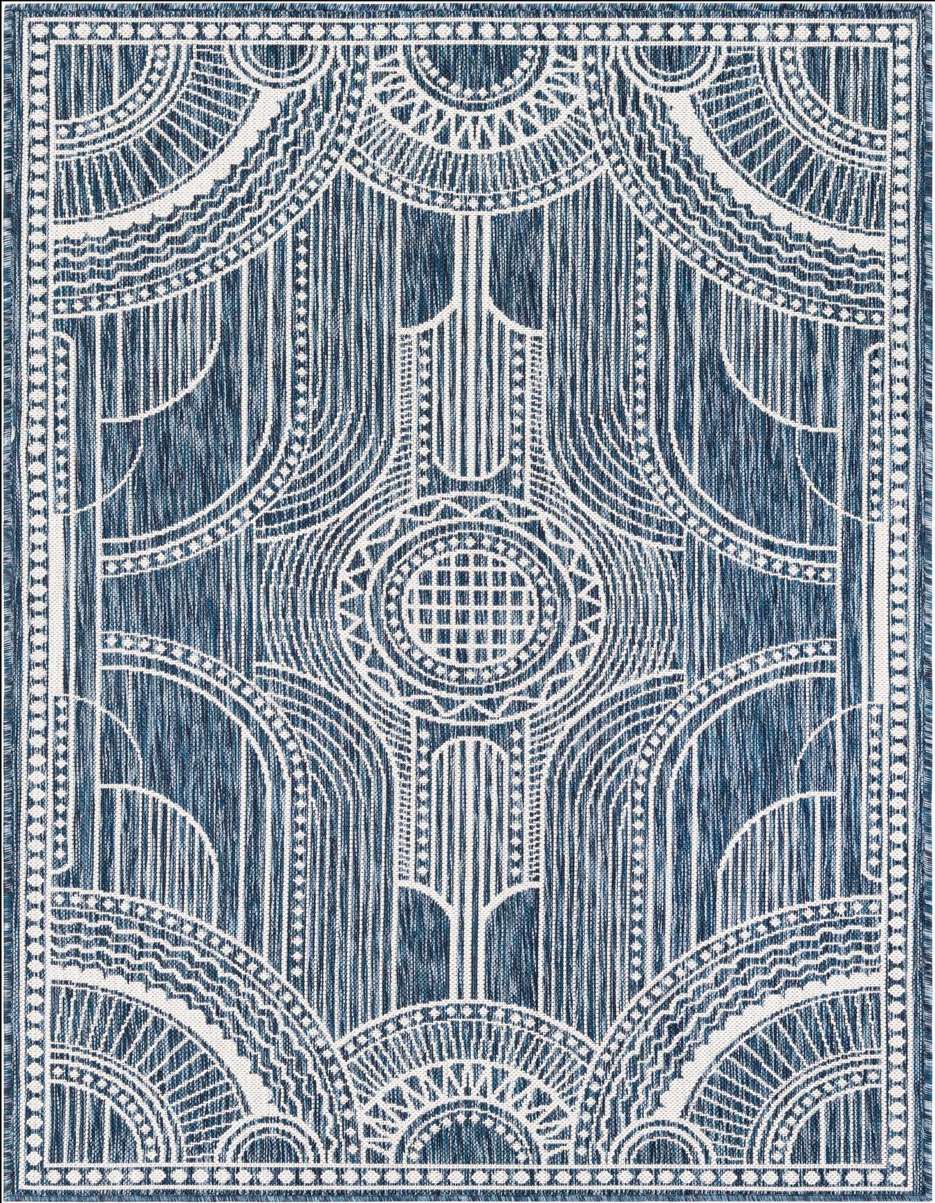 A 4x6 rectangular blue and white indoor/outdoor rug with a modern traditional medallion pattern, ideal for a patio or living room.