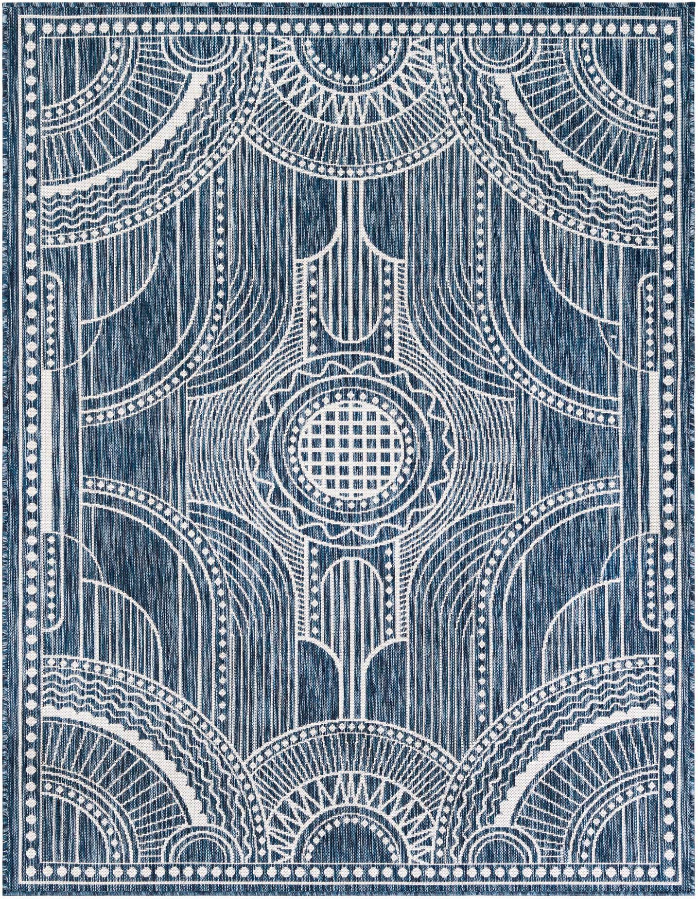A 5x7 rectangular blue and white flatweave rug with a modern traditional medallion pattern, ideal for indoor or outdoor use.