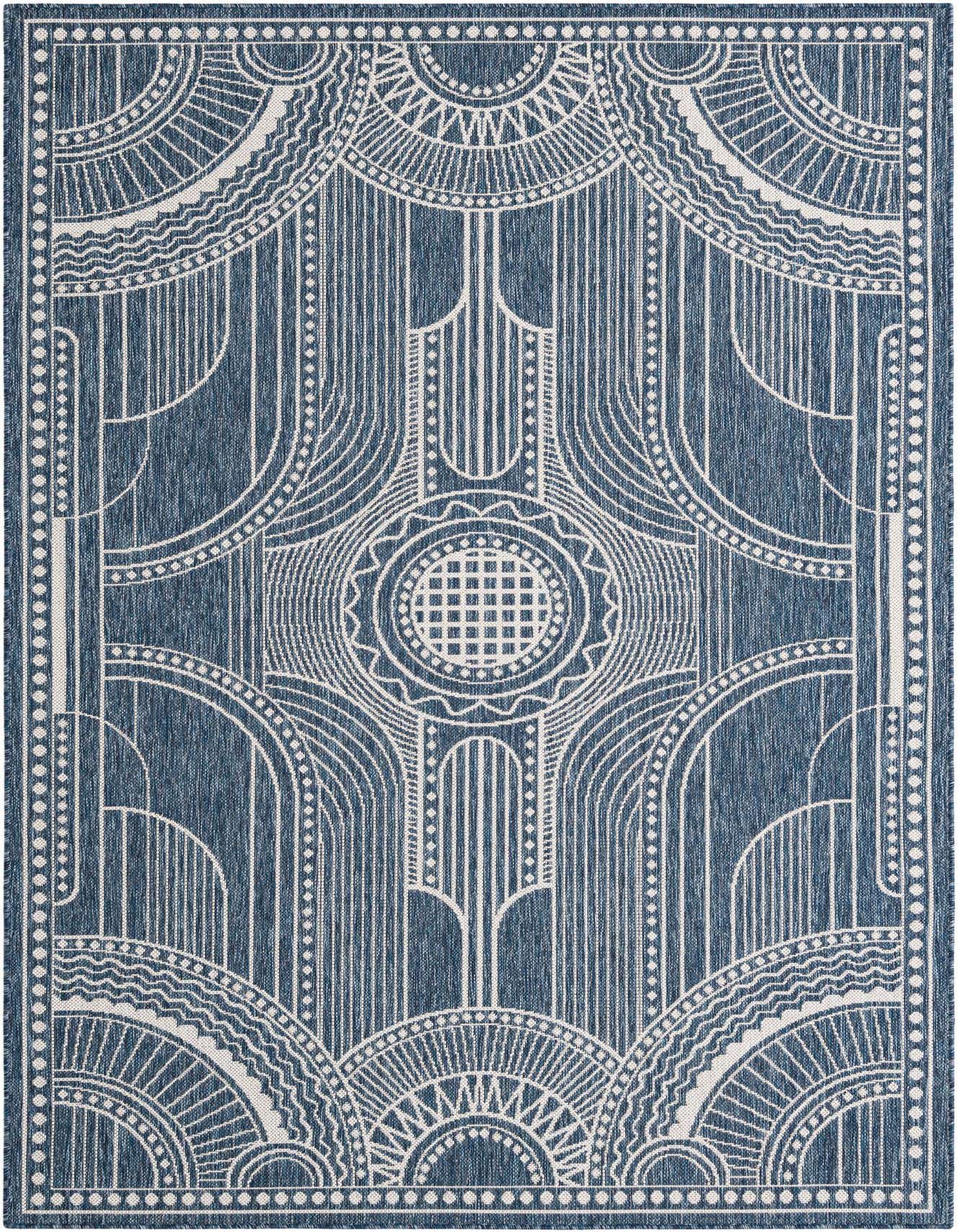 A 5x8 rectangular indoor/outdoor rug featuring a blue background with an intricate white traditional medallion and geometric pattern.