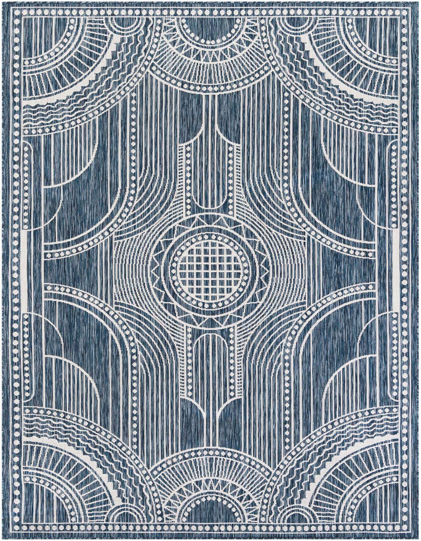 A 6x9 rectangular indoor/outdoor rug featuring a complex blue and white medallion and geometric pattern, ideal for a patio or living room.