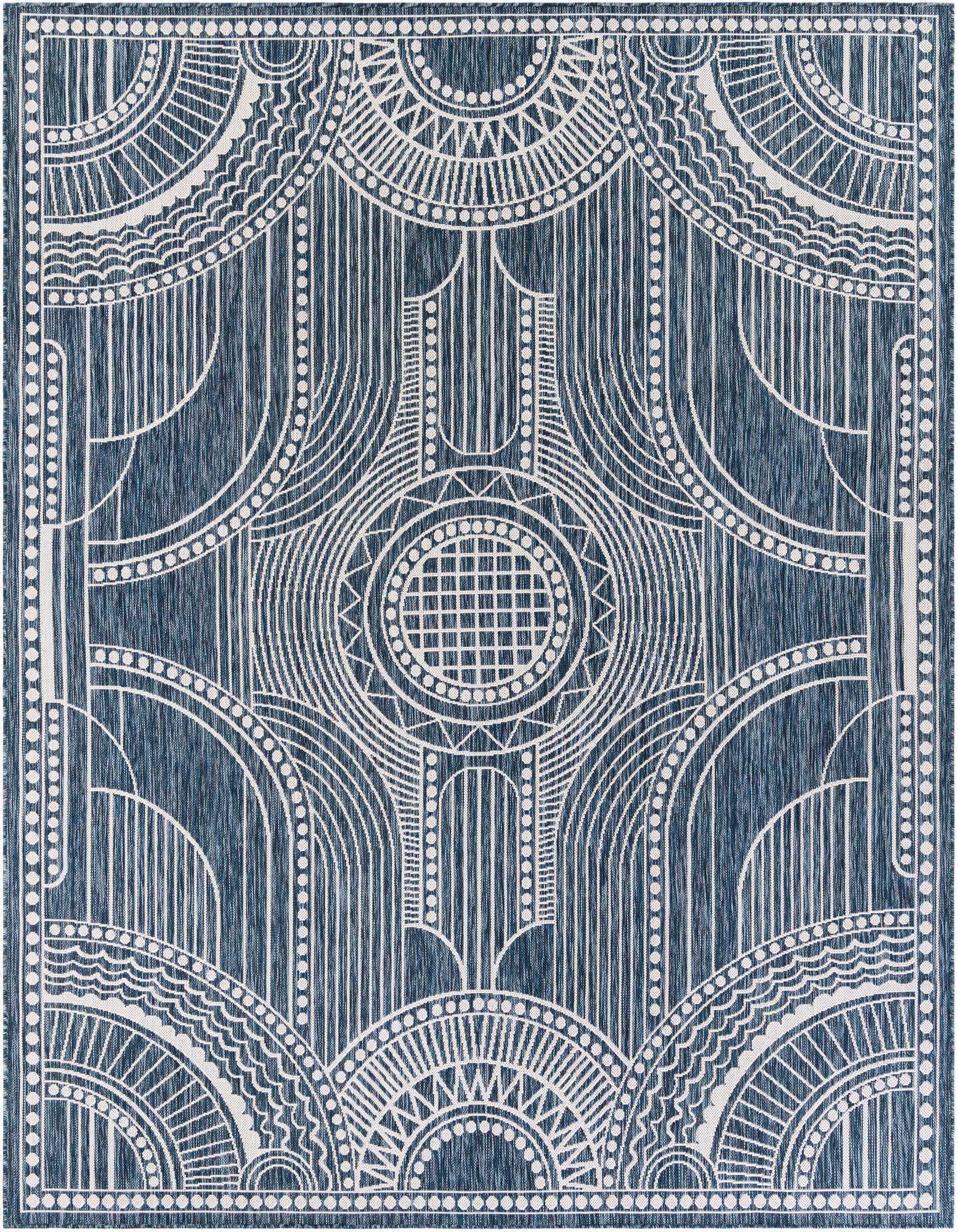 An 8x10 rectangular blue and white rug with a detailed traditional medallion pattern, suitable for indoor or outdoor spaces.
