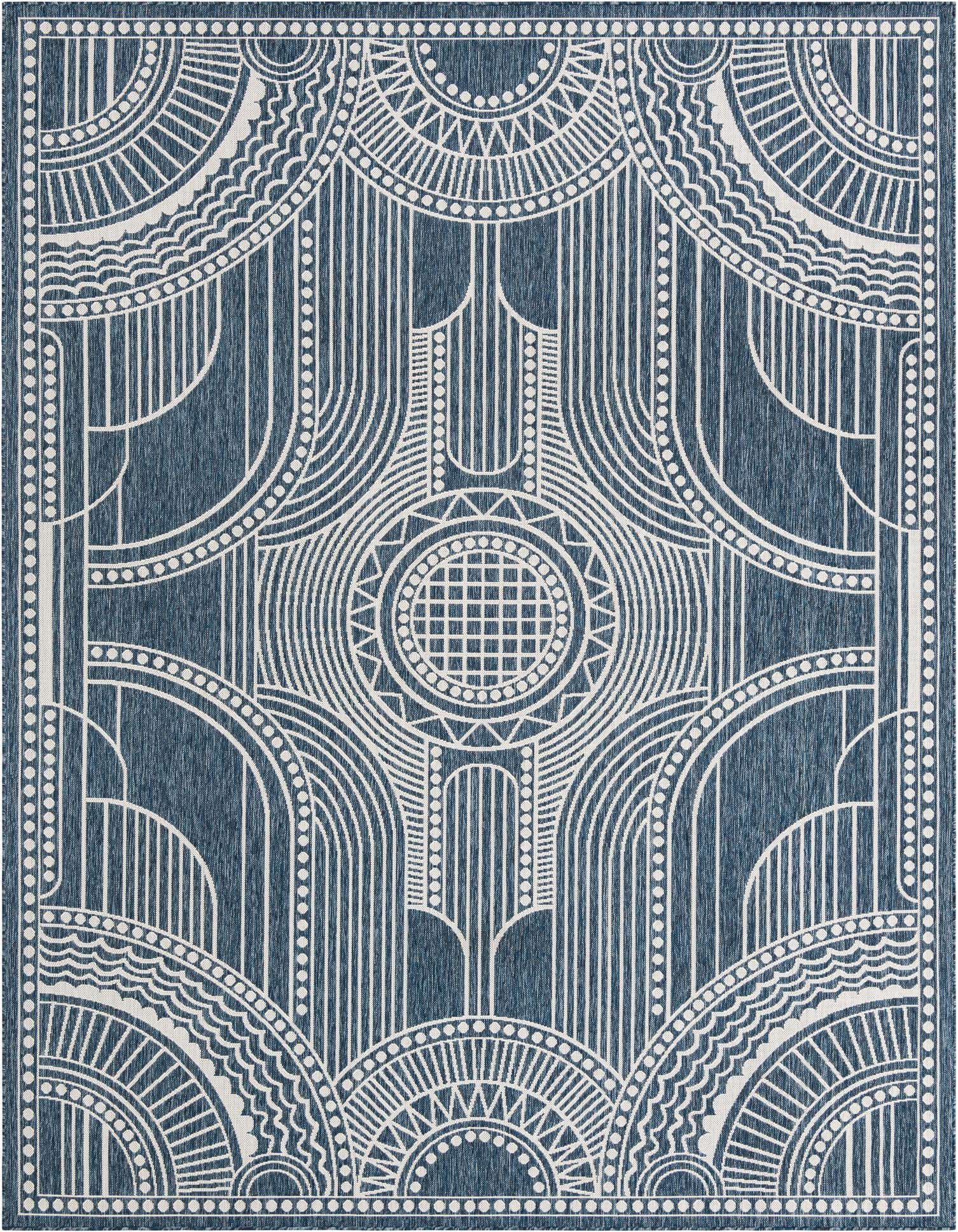 A 9x12 rectangular blue and white indoor/outdoor rug with a modern traditional medallion pattern.