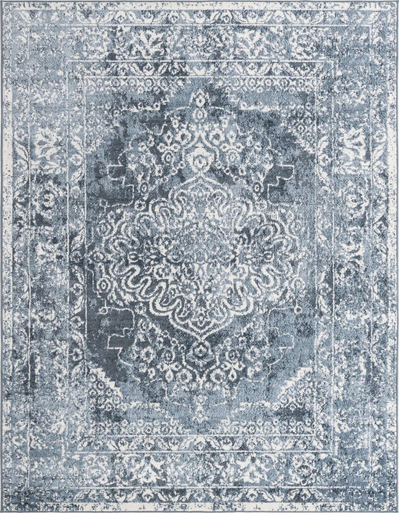A 6x9 rectangular Oxford Collection rug featuring a distressed traditional medallion pattern in varying shades of blue and white.