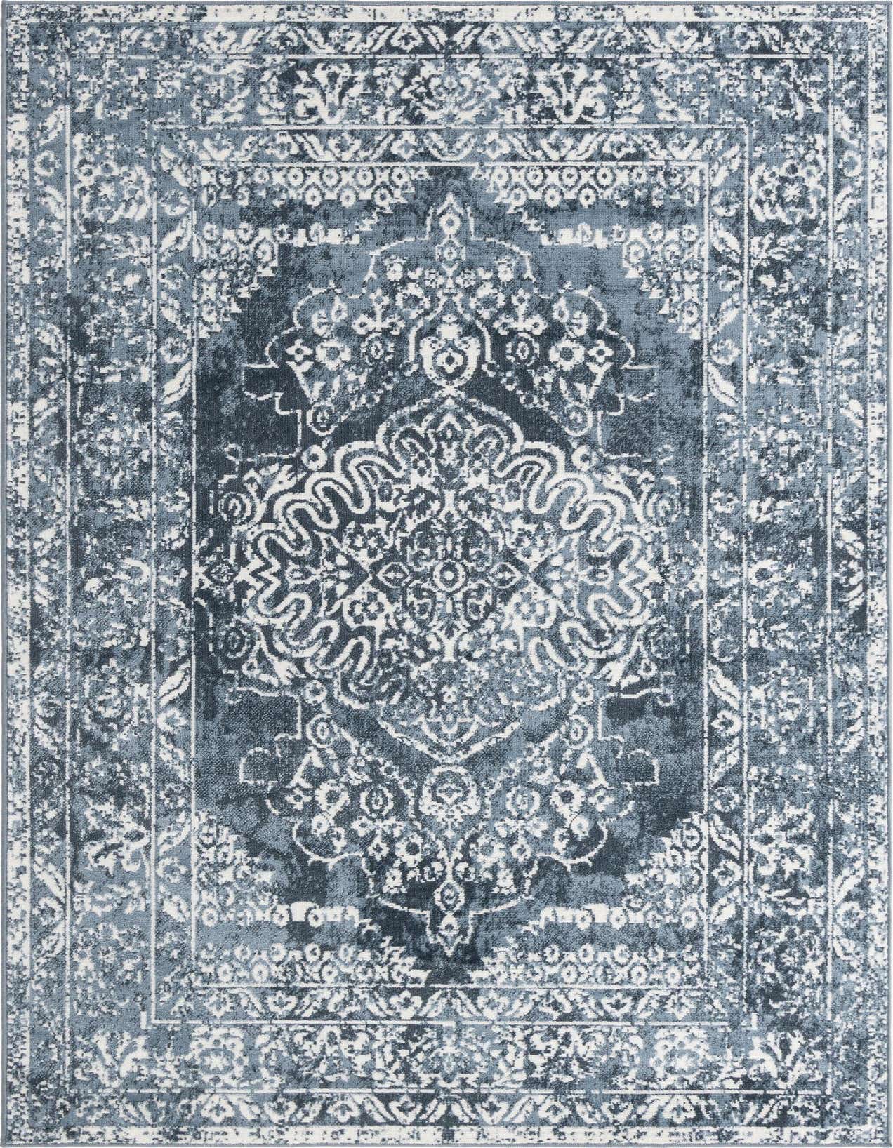 A 5x8 rectangular Oxford Collection rug featuring a distressed blue and white traditional medallion pattern, ideal for a living room.