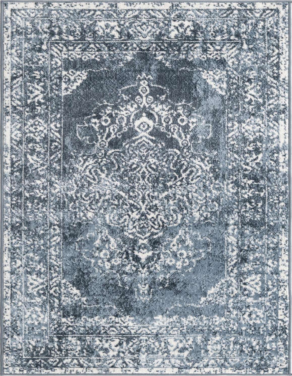 A 3x5 rectangular Oxford collection rug by Rugs.com, featuring a distressed blue traditional medallion pattern with white accents.