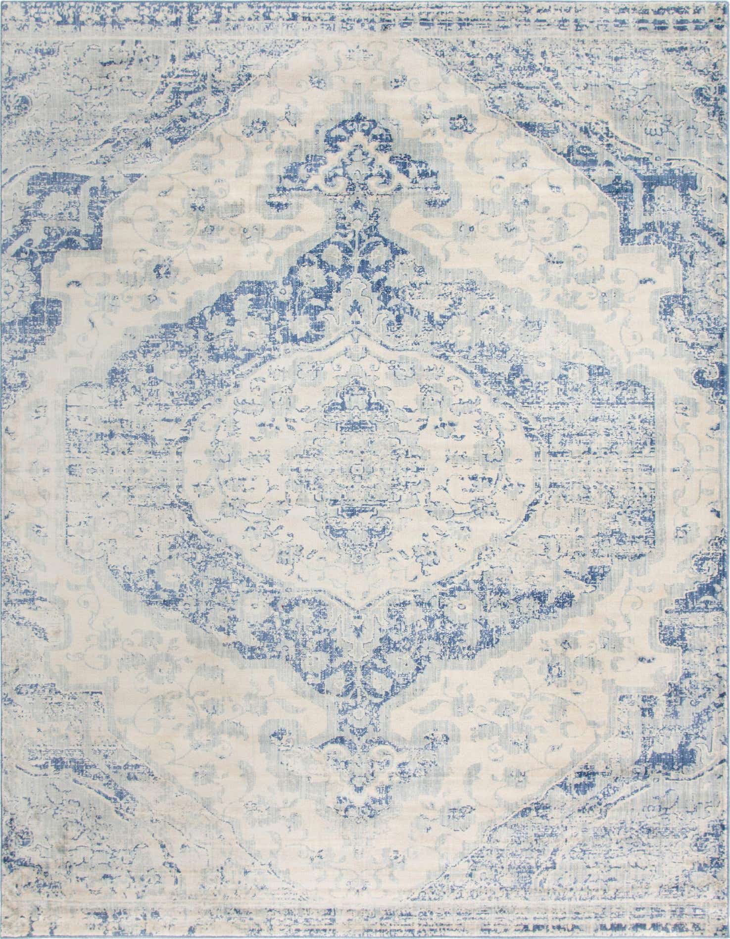 A large 9x12 rectangular Rugs.com Oxfordshire area rug featuring a distressed blue and cream medallion pattern.