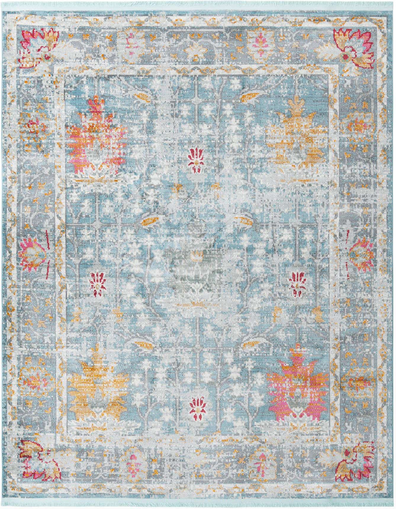 A 10x14 rectangular blue traditional area rug with a vintage-inspired floral and oriental pattern in shades of blue, grey, orange, and pink.