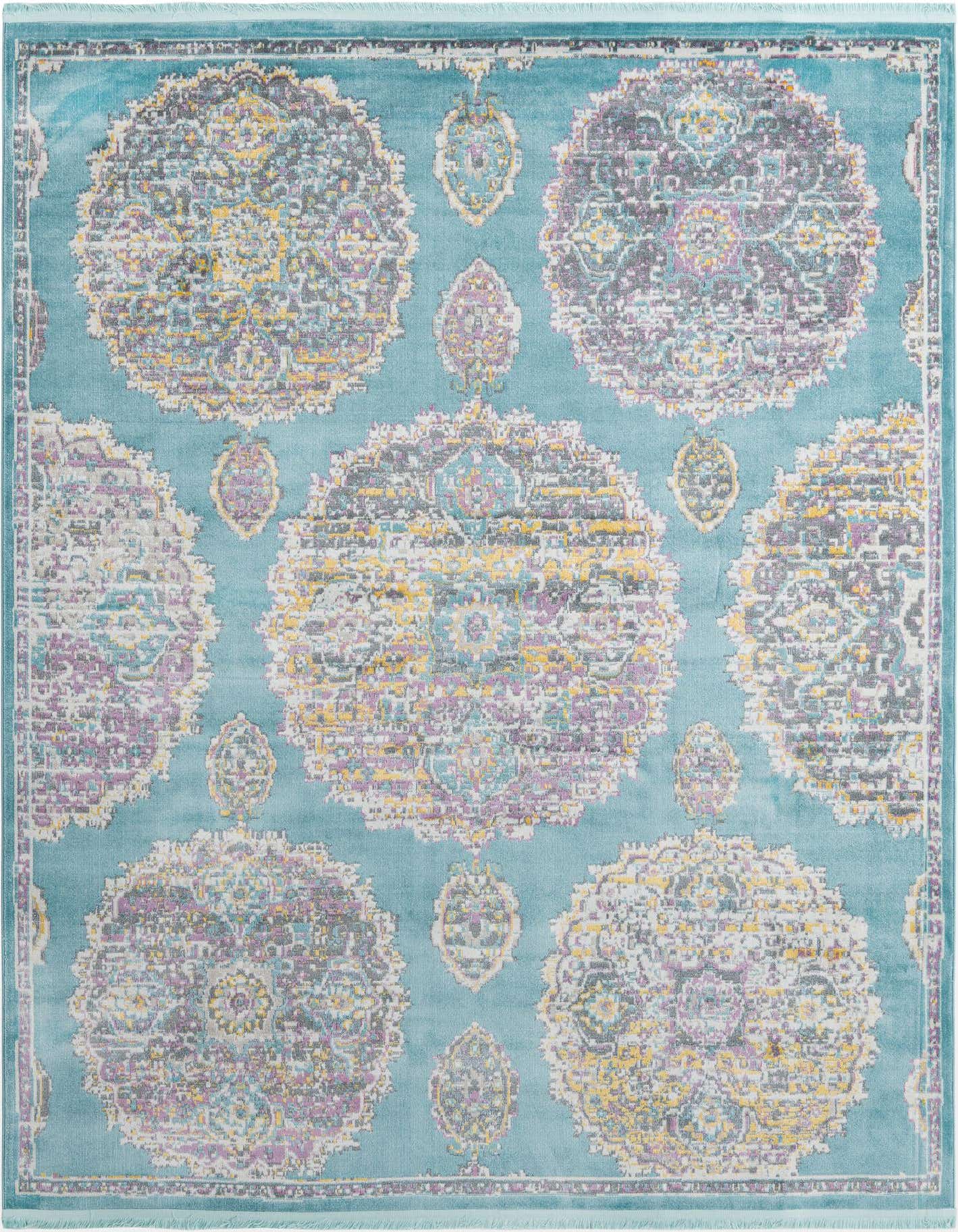 A 9x12 rectangular blue area rug with a modern bohemian floral pattern in shades of purple, yellow, and gray.