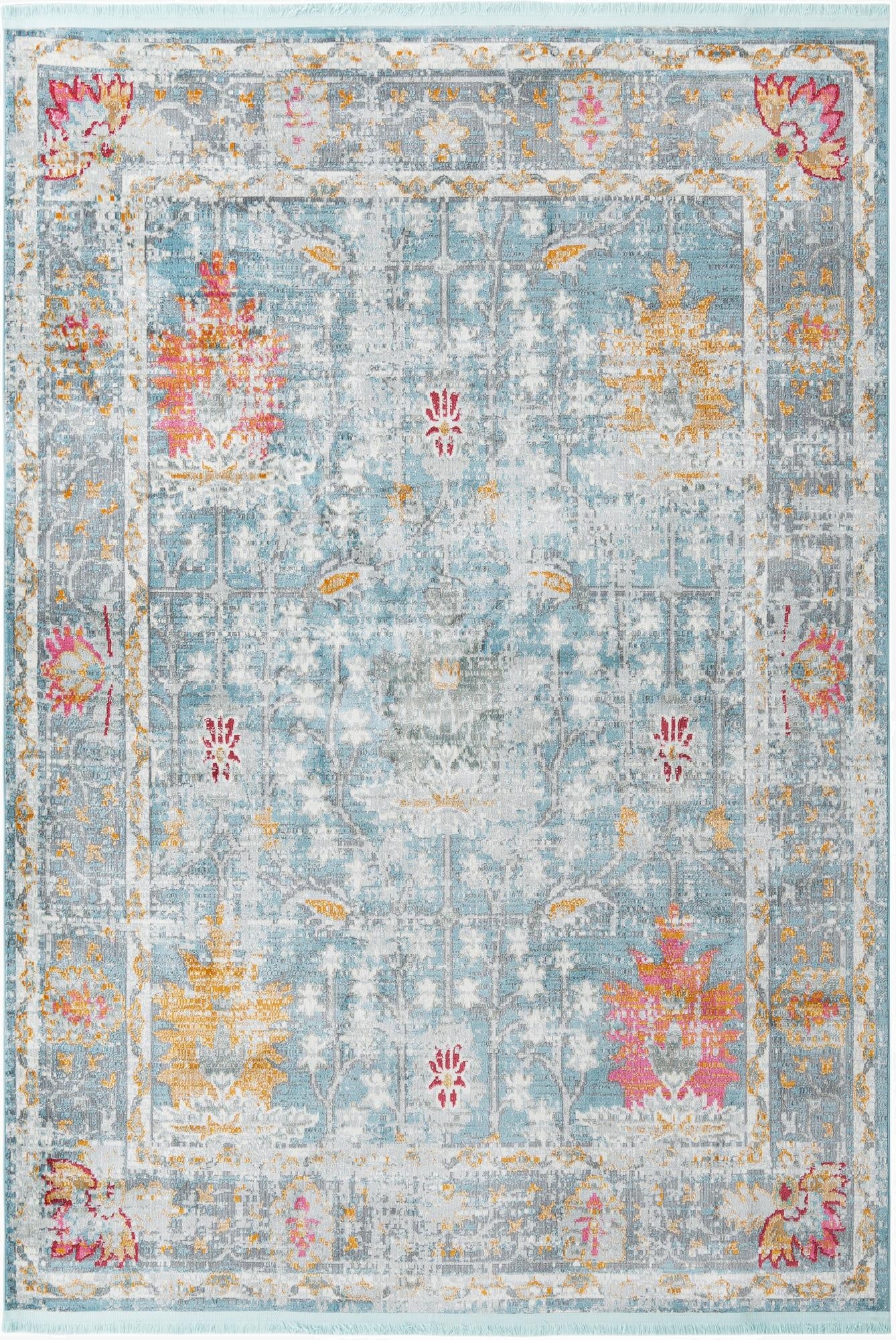 A 10x14 rectangular blue traditional area rug with a vintage-inspired floral and oriental pattern in shades of blue, grey, orange, and pink.
