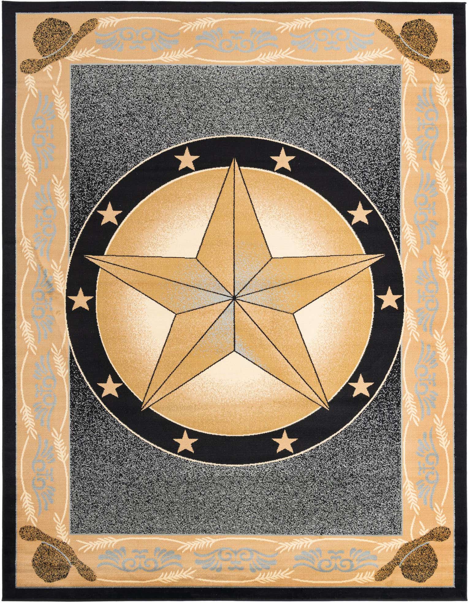 A 9x12 rectangular Pioneer rug featuring a large gold star medallion on a speckled blue field, bordered by tan with cowboy hats and scrollwork.