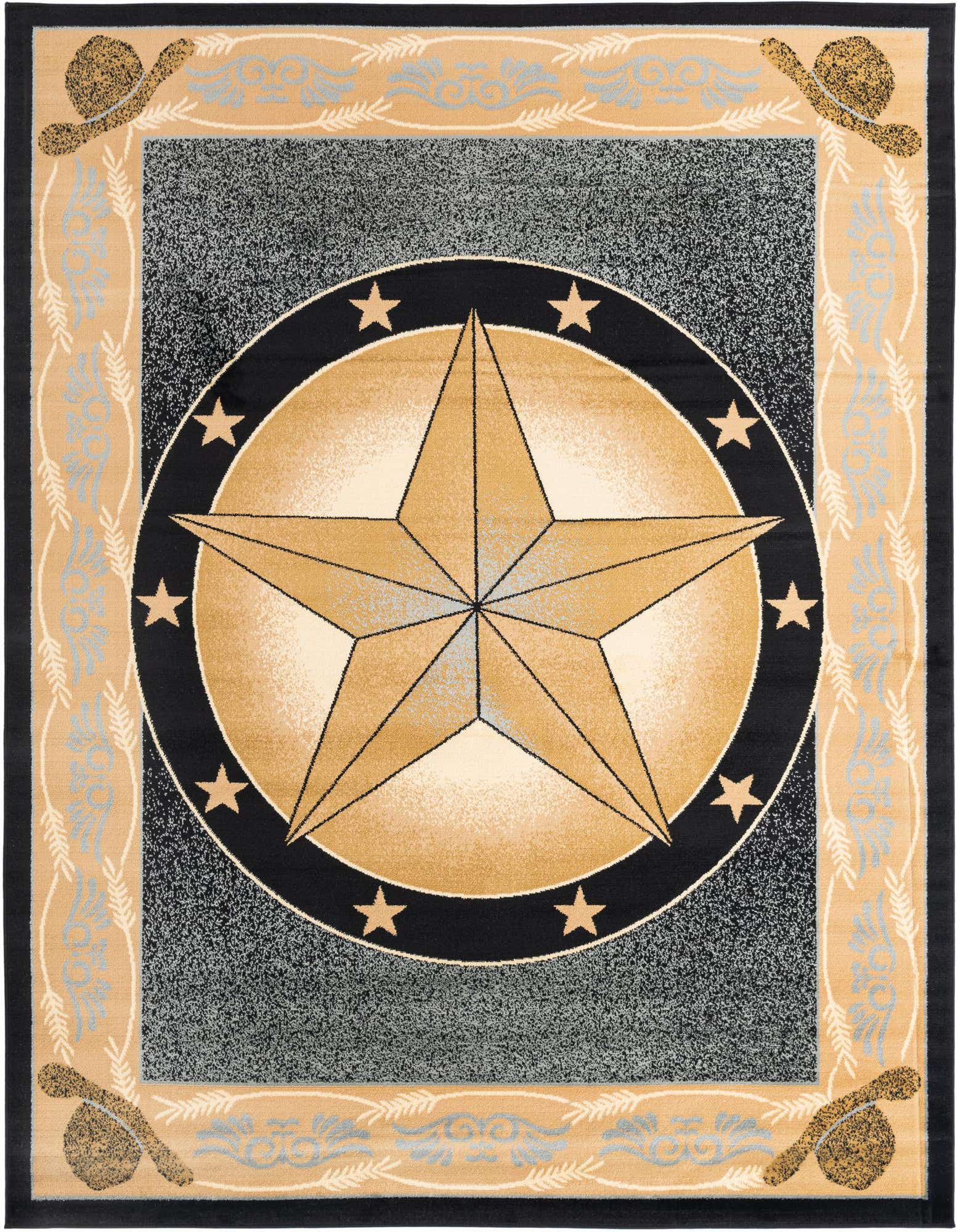 A rectangular 8x10 Pioneer rug featuring a large central gold and black star medallion on a speckled blue background, framed by a tan border with cowboy hats and wheat motifs.