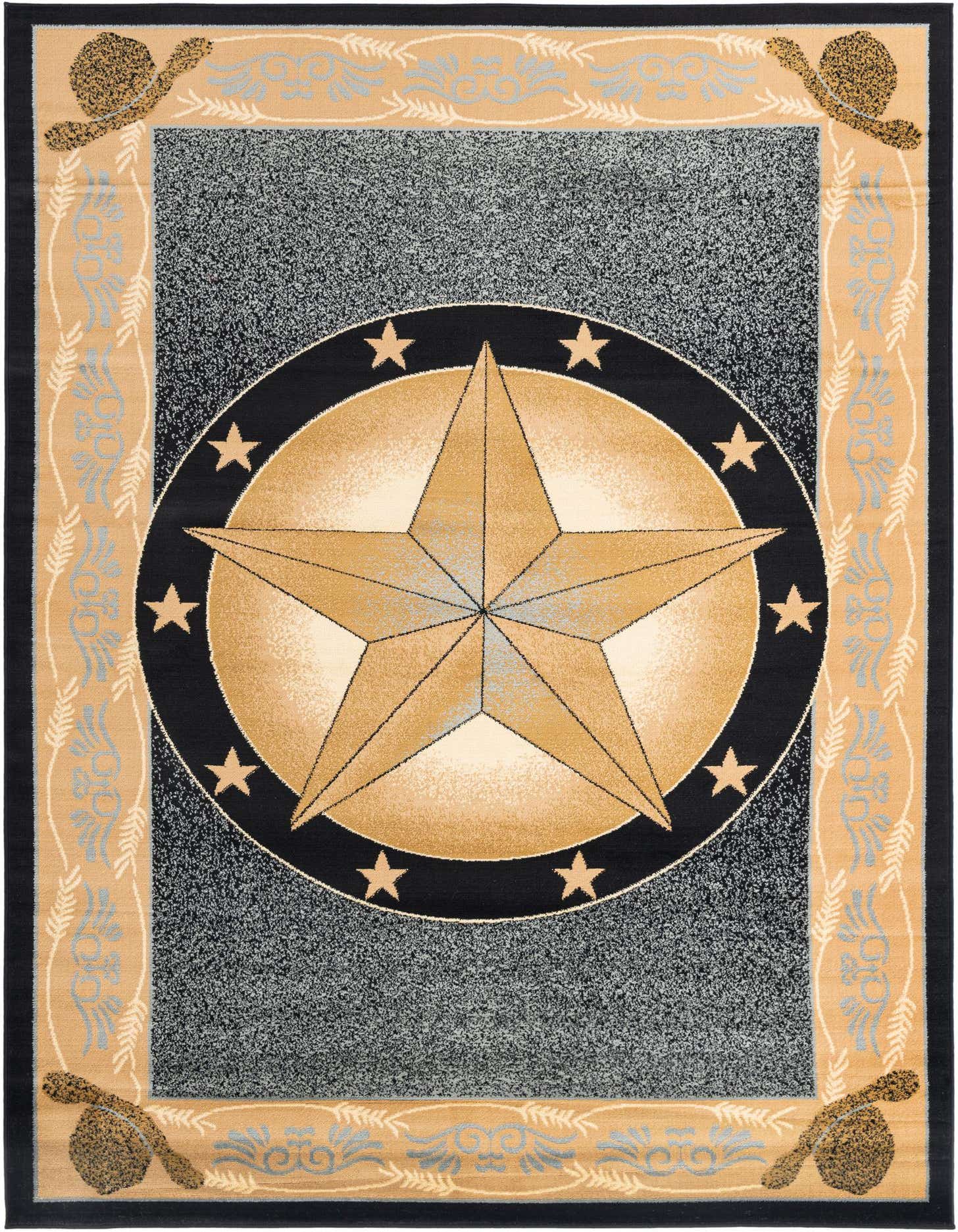A 7x10 rectangular Pioneer rug featuring a large central gold star on a black circle, surrounded by a speckled blue field and a tan border with blue scrollwork and cowboy hats in the corners.