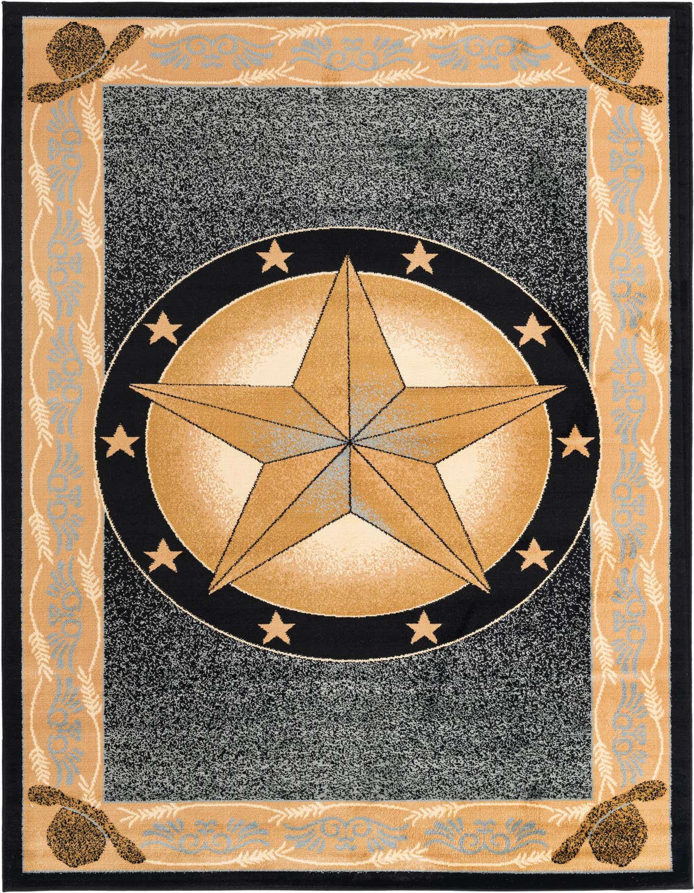 A 6x9 rectangular Pioneer collection rug featuring a large gold star medallion on a speckled blue background, framed by a tan border with blue scrollwork and cowboy hat details.
