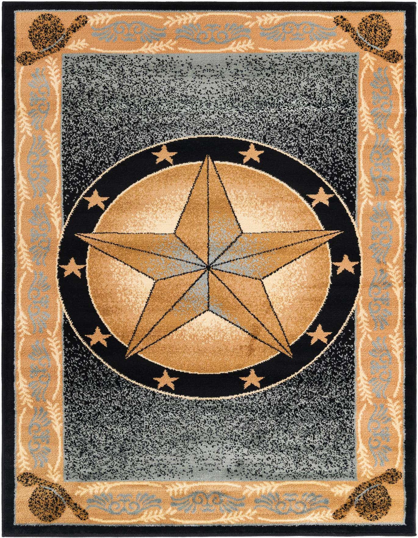 A 4x6 rectangular Pioneer rug featuring a large central gold and blue star medallion on a speckled blue and black background, framed by a tan border with blue scrollwork and corner accents.