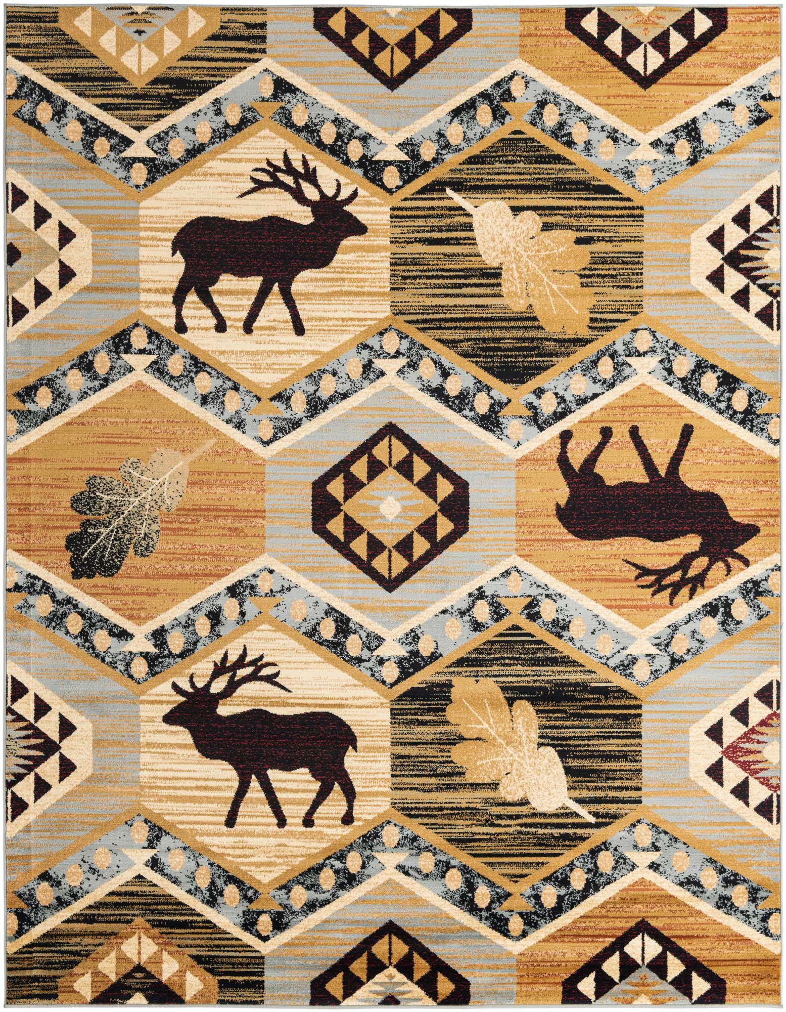 A rectangular 8x10 Pioneer collection rug featuring a rustic tribal pattern with deer and leaves in blues, browns, and creams.