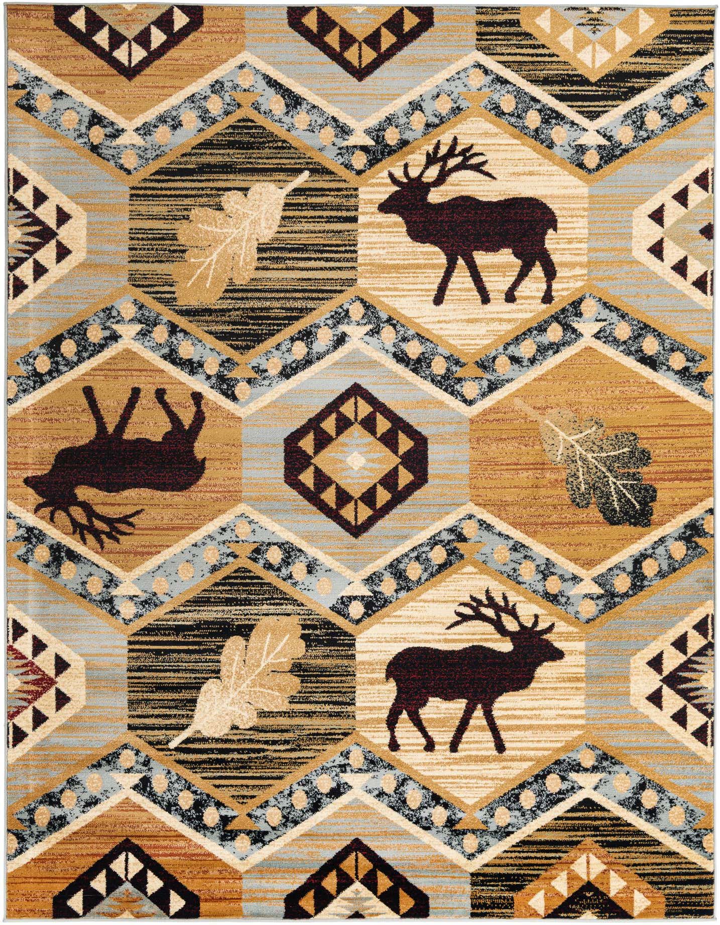 A 7x10 rectangular Pioneer rug featuring a rustic tribal pattern with deer and leaves in shades of blue, brown, black, and tan.