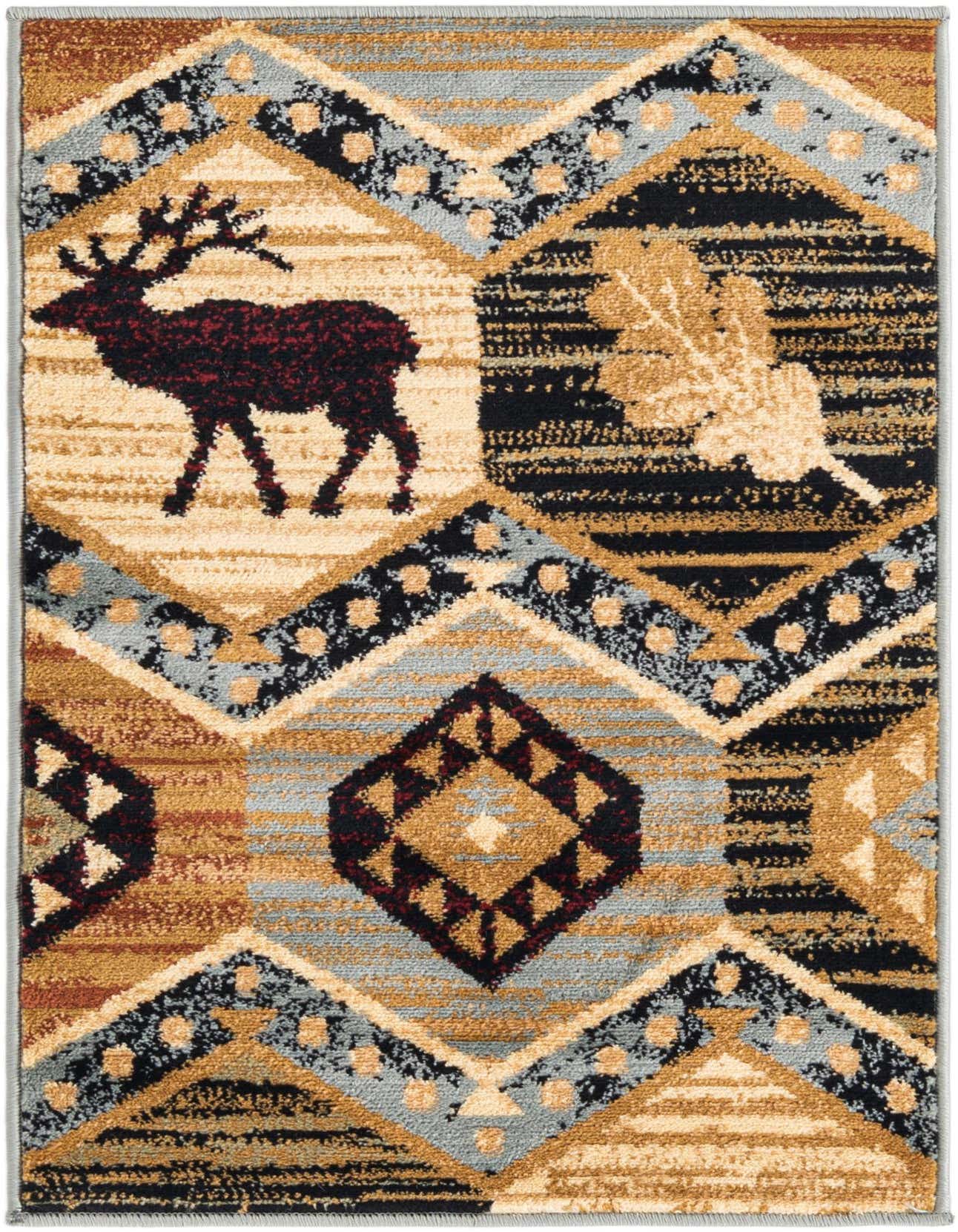 A 2x3 rectangular Pioneer rug featuring a rustic tribal pattern with deer and leaves in blues, black, and gold tones.