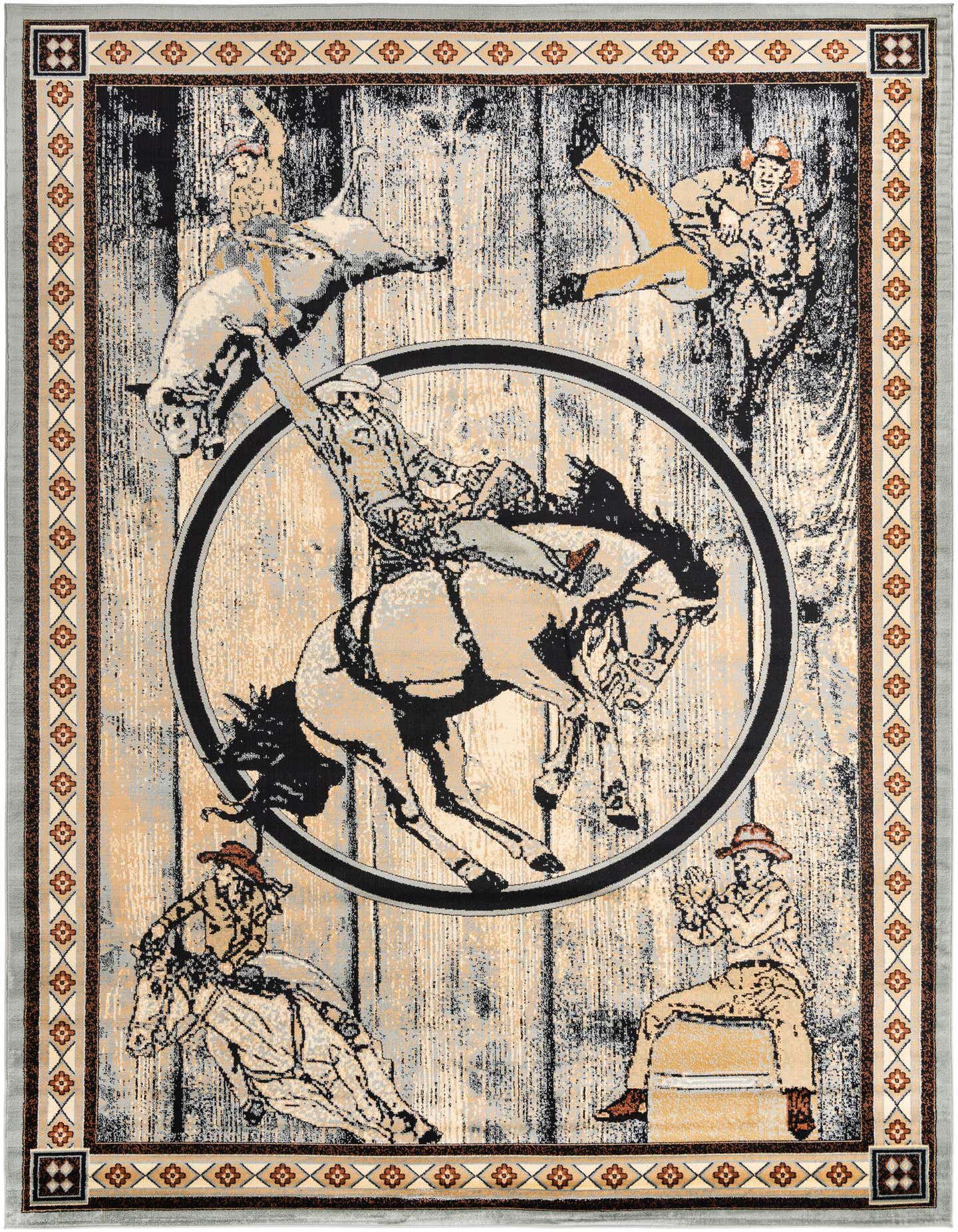 A rectangular 10x14 Pioneer rug with a blue and beige cowboy rodeo scene, featuring riders on bucking horses and a man on a barrel.