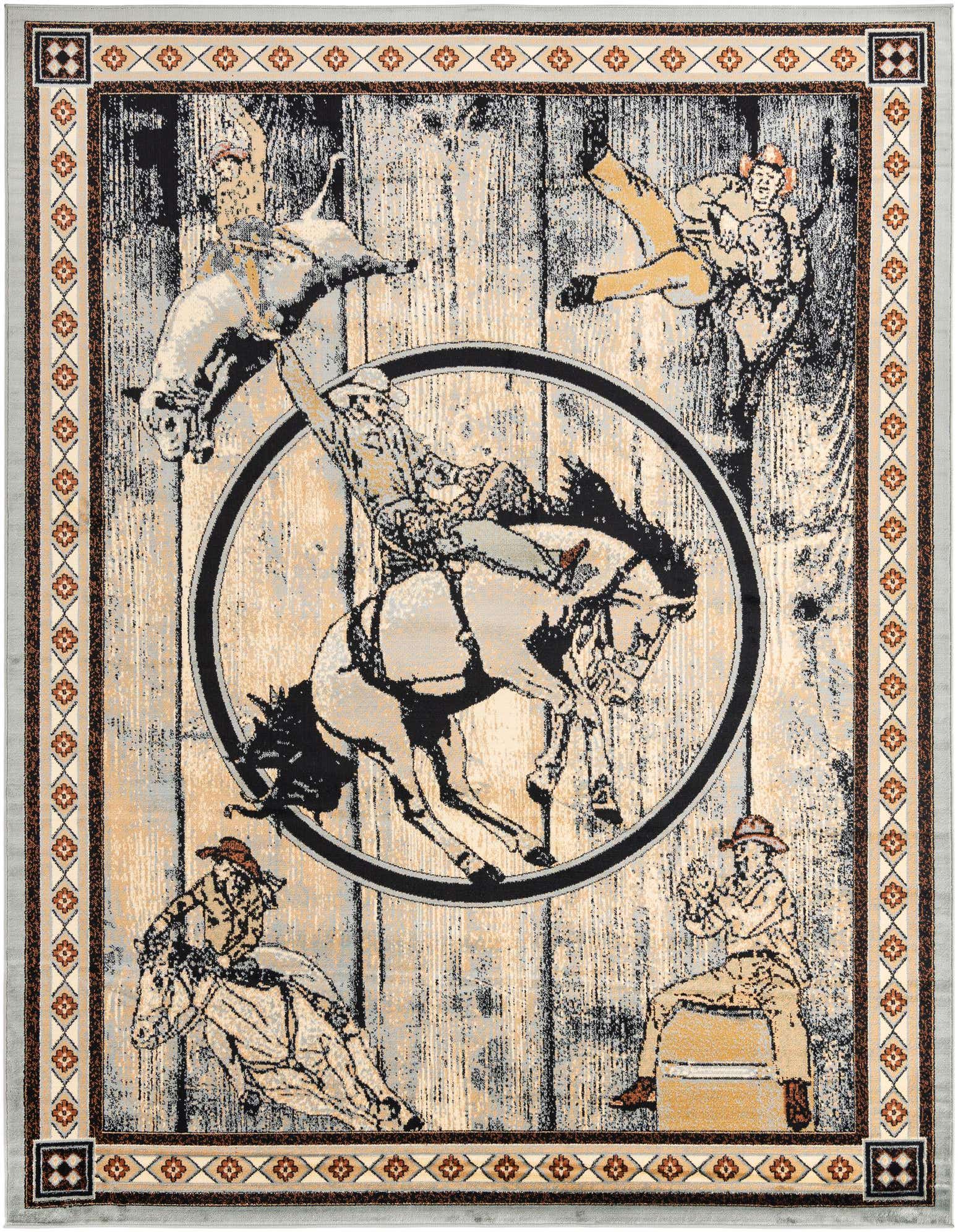 A 9x12 rectangular Pioneer rug featuring a rodeo scene with cowboys on horses and a bull, set against a light wood-grain background with a patterned border.