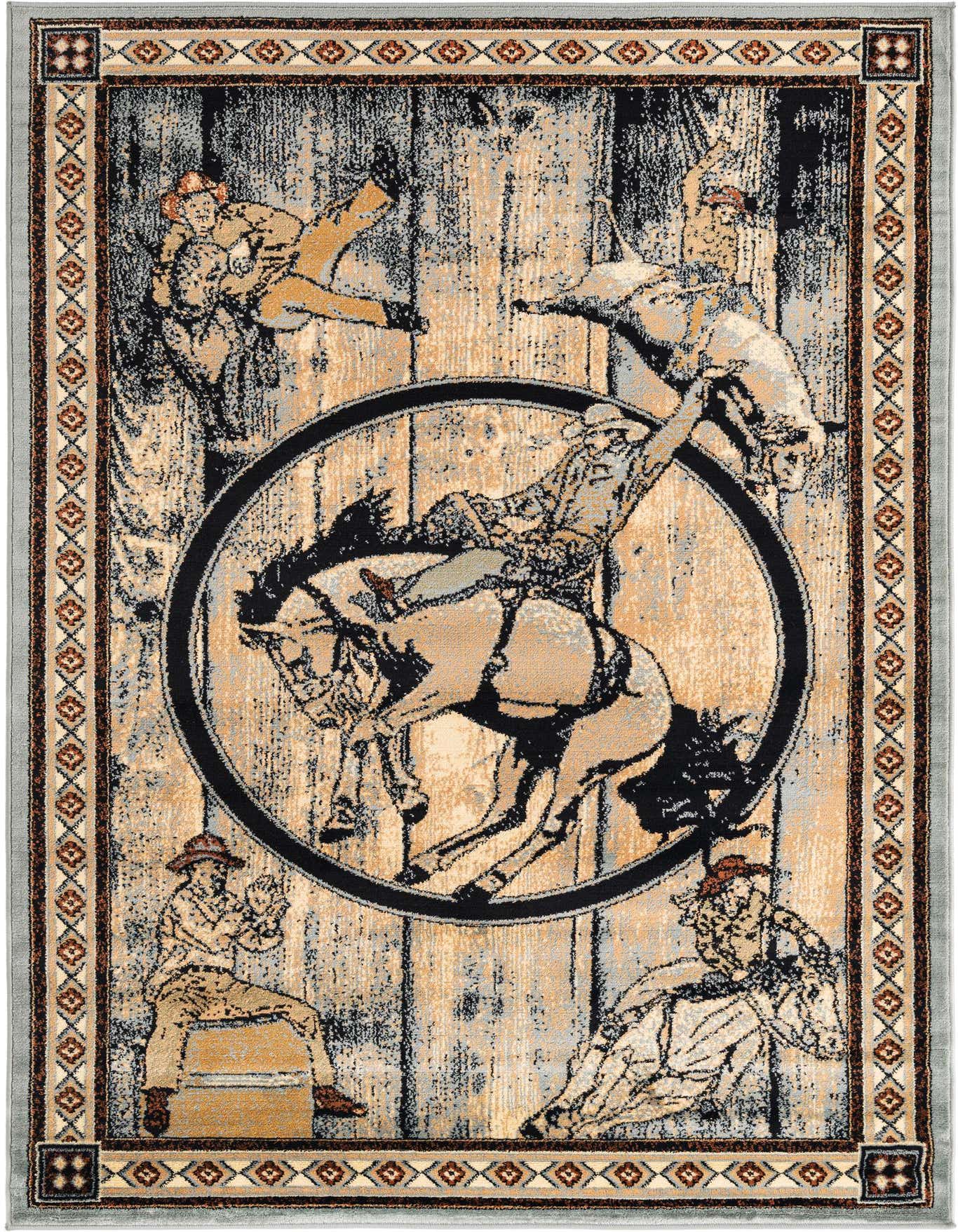 A rectangular 5x8 Pioneer rug with a rustic blue and tan wood plank background, featuring a central rodeo cowboy on a bucking horse, surrounded by other cowboy scenes and a patterned border.