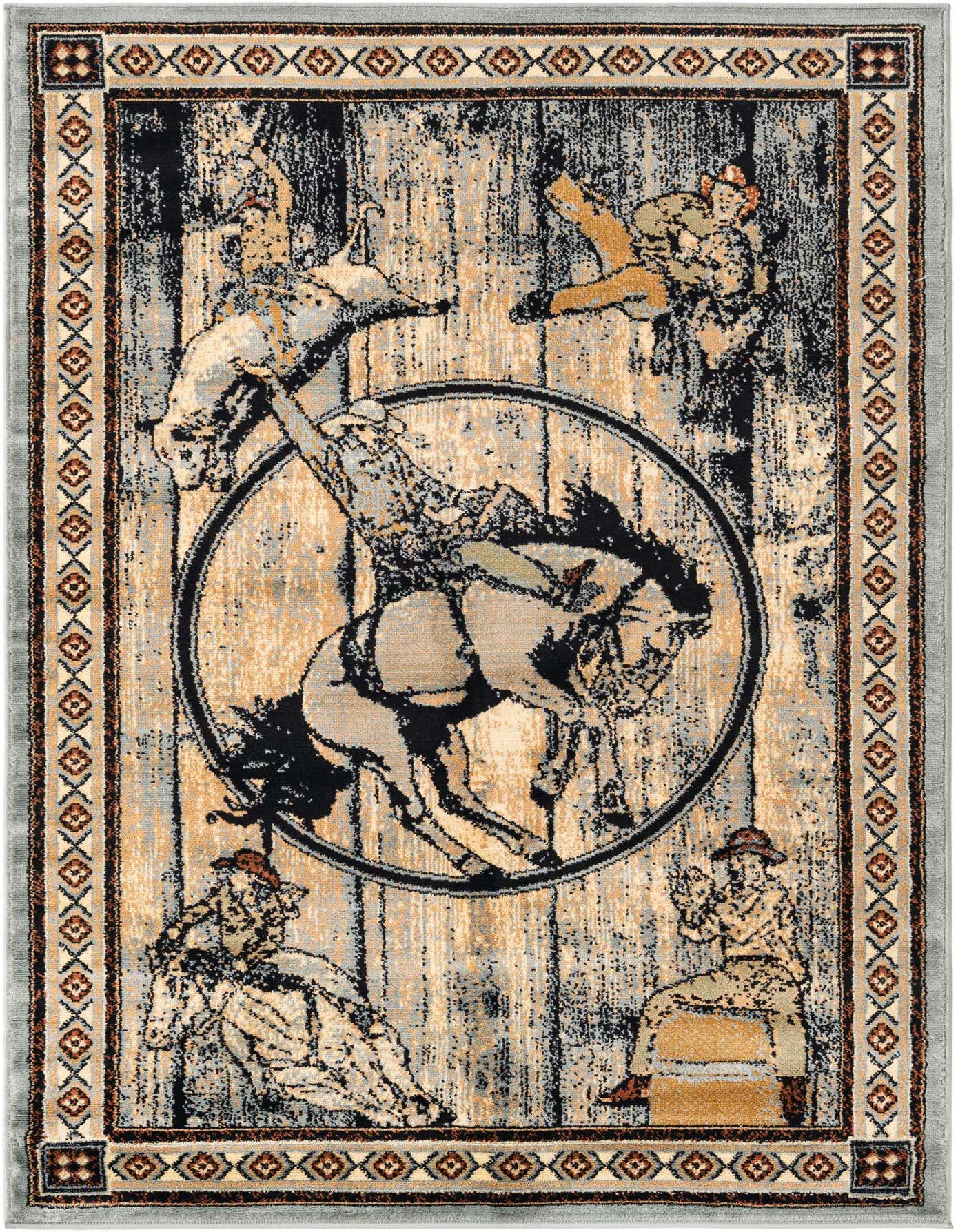 A 4x6 rectangular Pioneer rug featuring a rodeo scene with a bucking bronco, cowboys, and a rustic wood plank background, bordered by a geometric pattern.